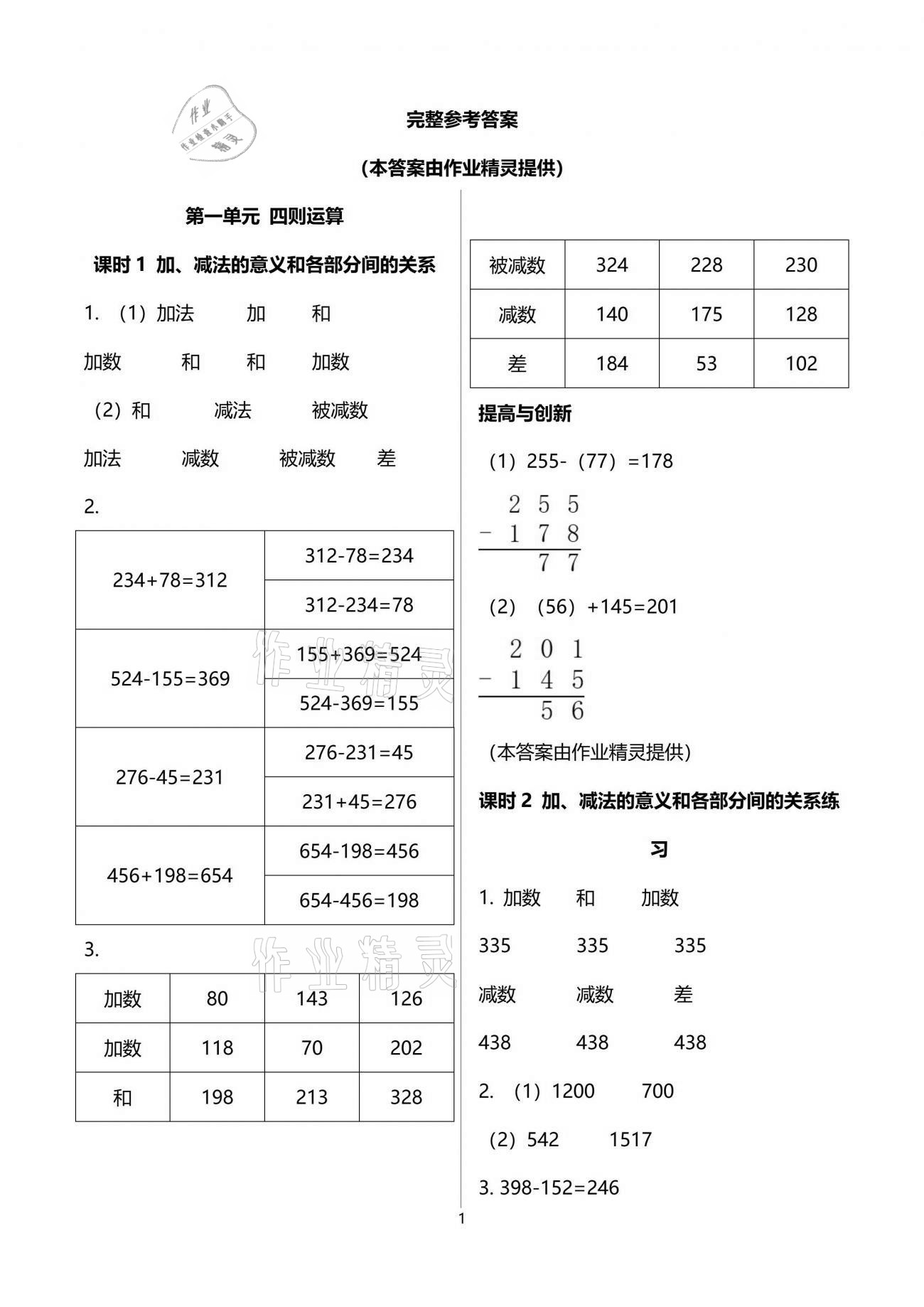 2021年數(shù)學(xué)學(xué)習(xí)與鞏固四年級下冊人教版 參考答案第1頁