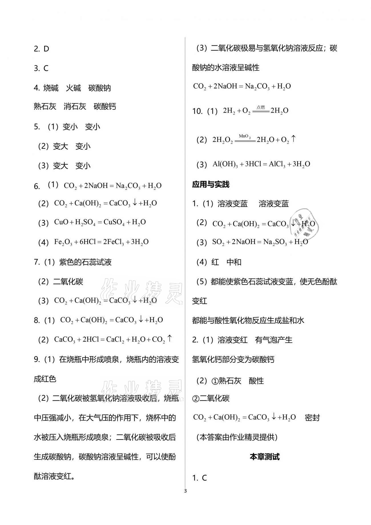 2021年化學(xué)練習(xí)部分九年級第二學(xué)期滬教版 參考答案第3頁