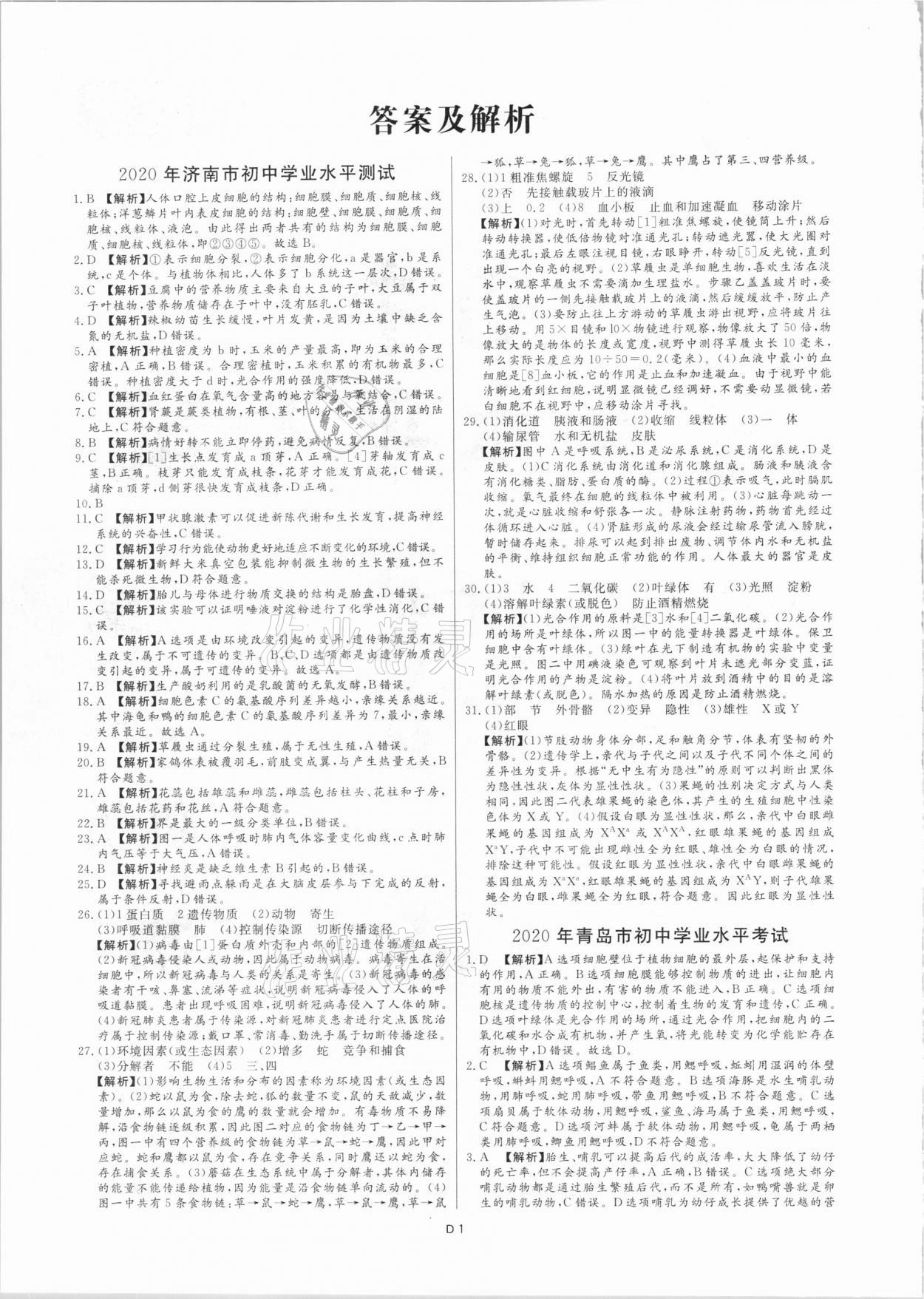 2021年风向标初中学业水平测试山东省各地市中考试题汇编生物 参考答案第1页