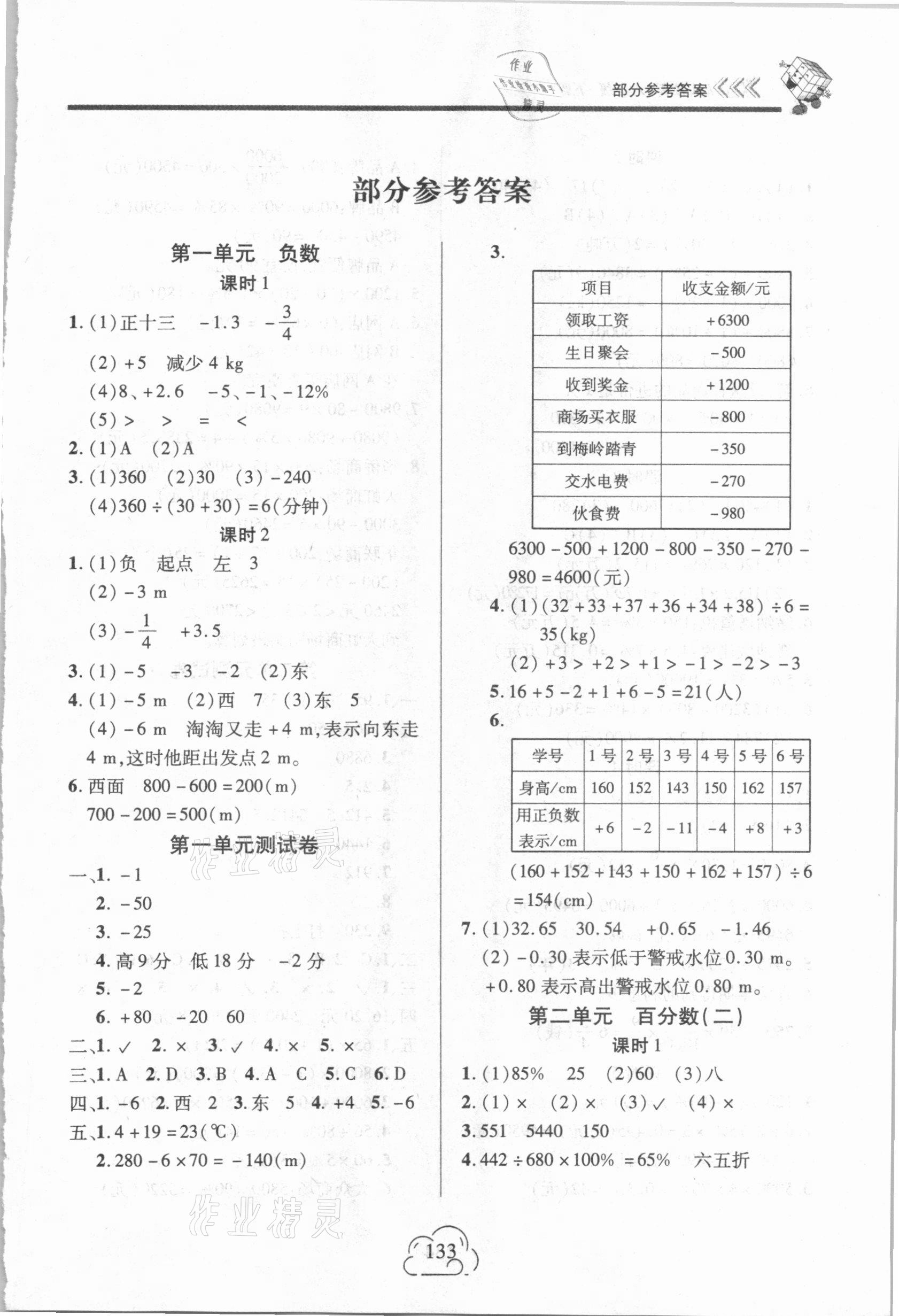 2021年新课程新练习六年级数学下册人教版A版 参考答案第1页