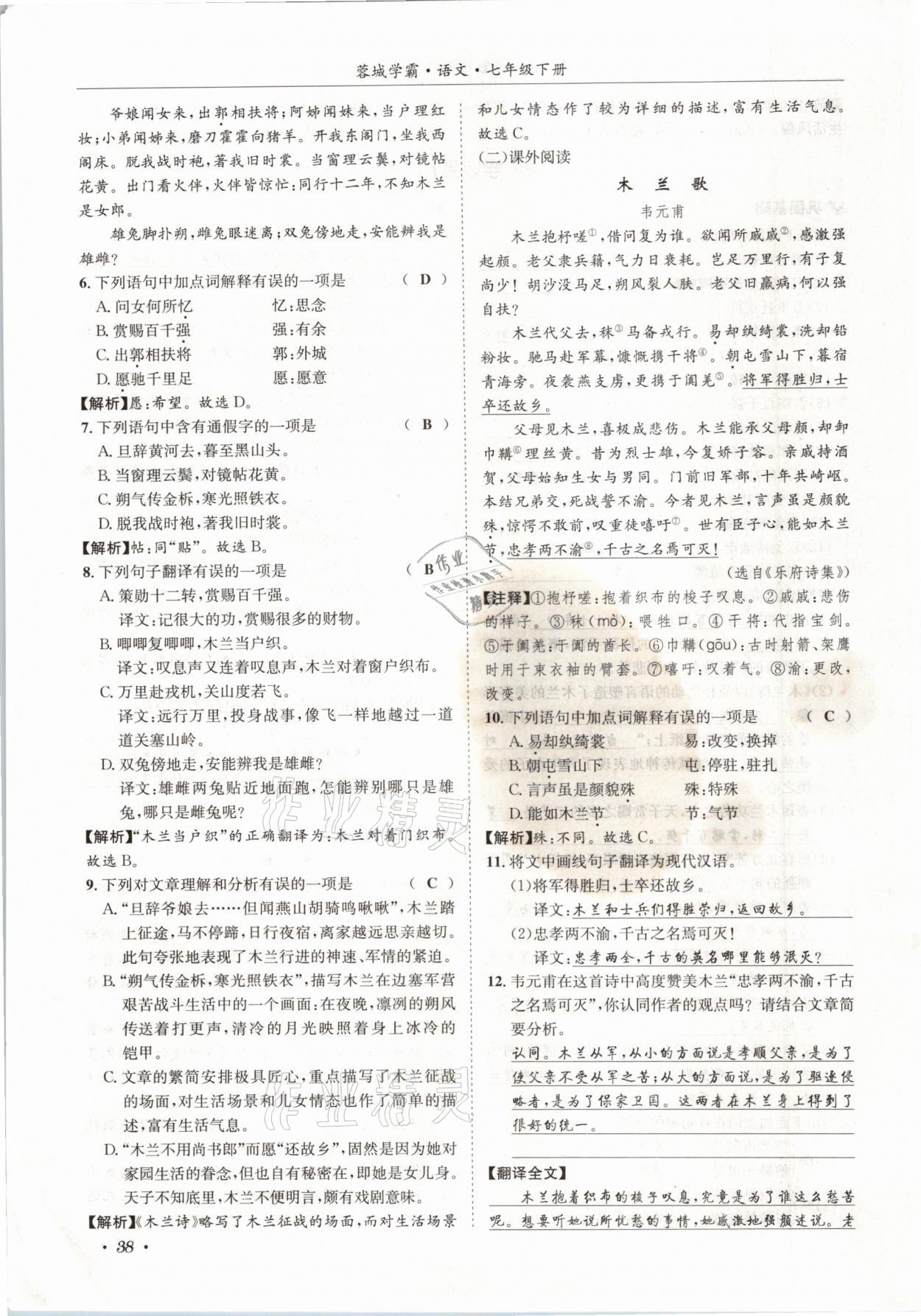 2021年蓉城學(xué)霸七年級(jí)語(yǔ)文下冊(cè)人教版 參考答案第38頁(yè)