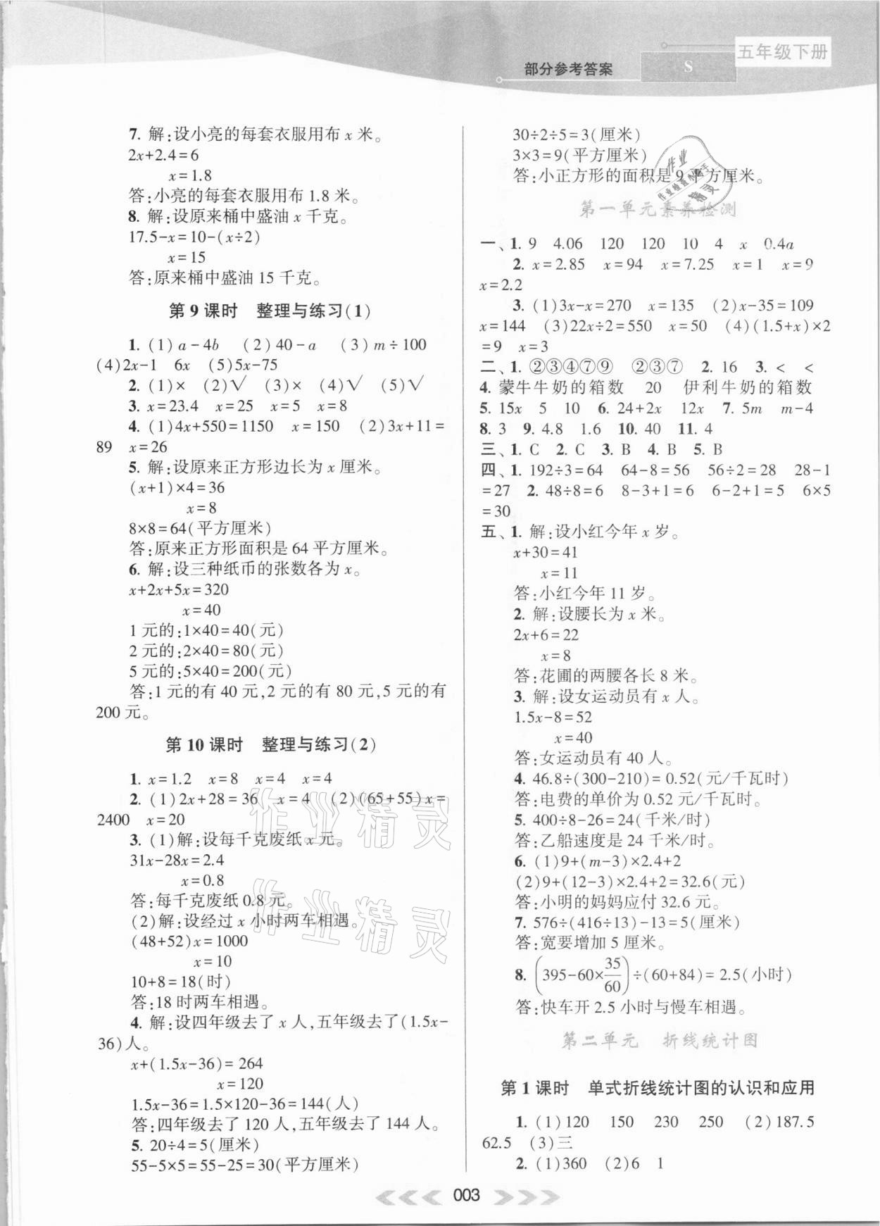 2021年自主学习当堂反馈五年级数学下册苏教版 参考答案第3页