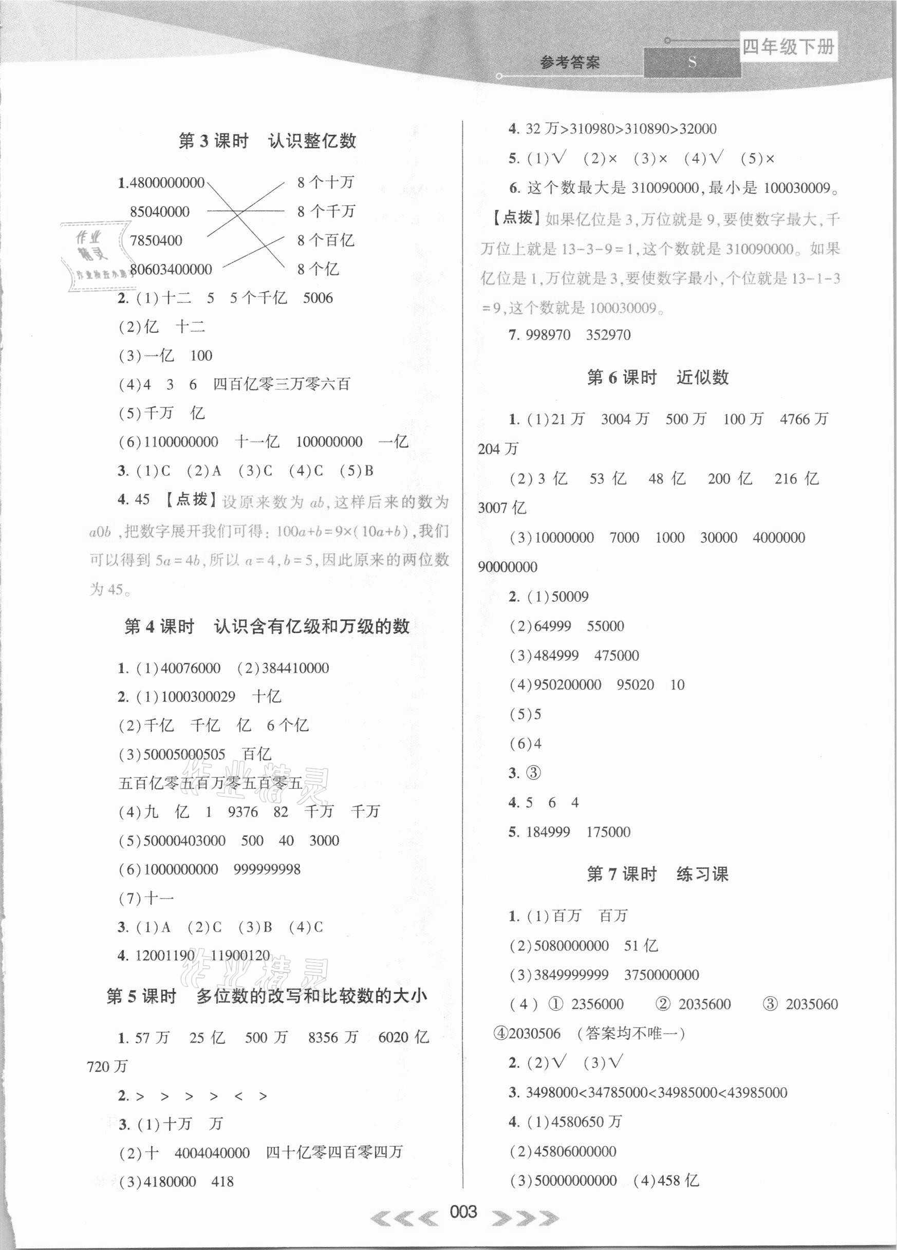 2021年自主学习当堂反馈四年级数学下册苏教版 参考答案第3页