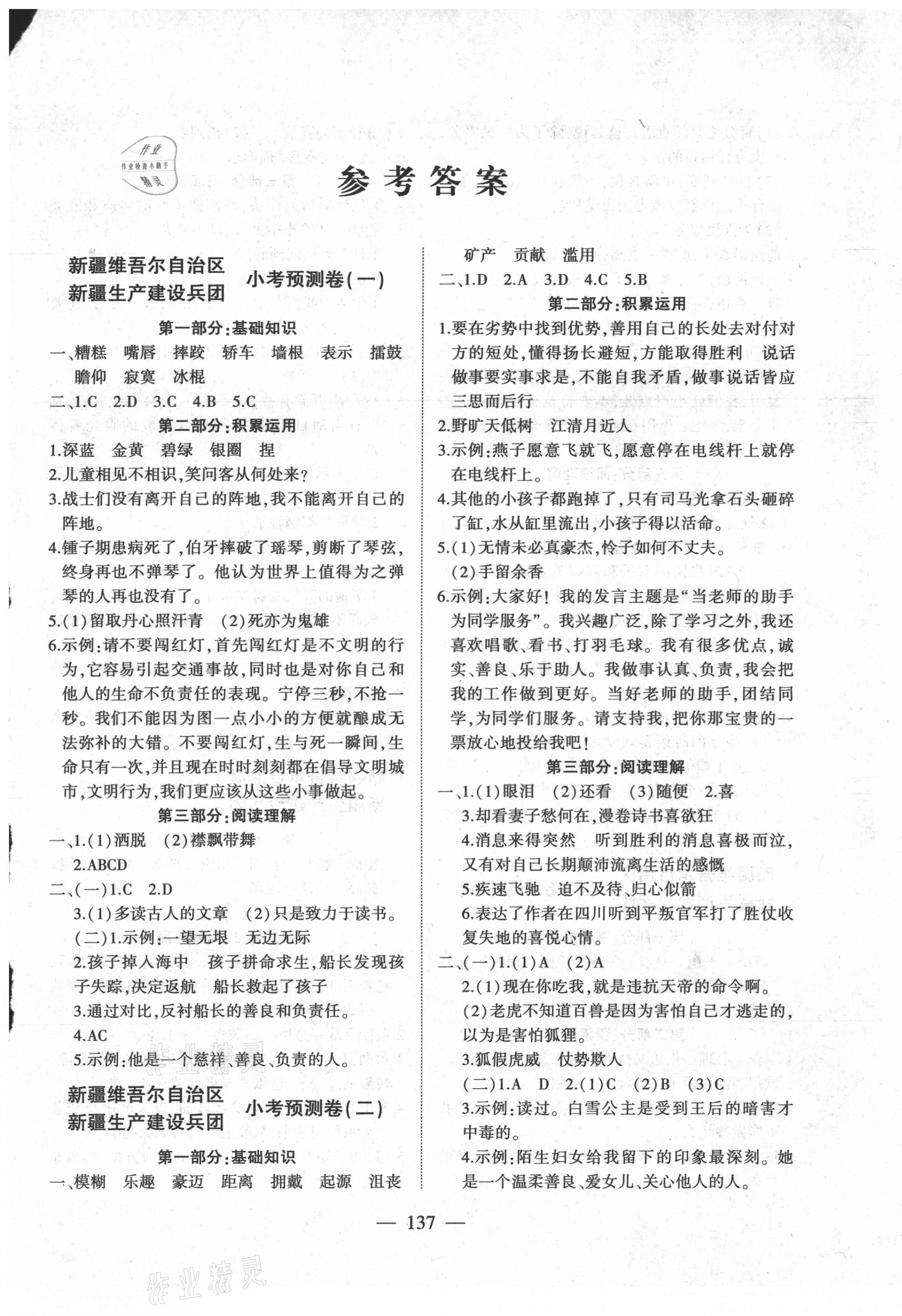 2021年小考預測卷語文新疆專版 第1頁