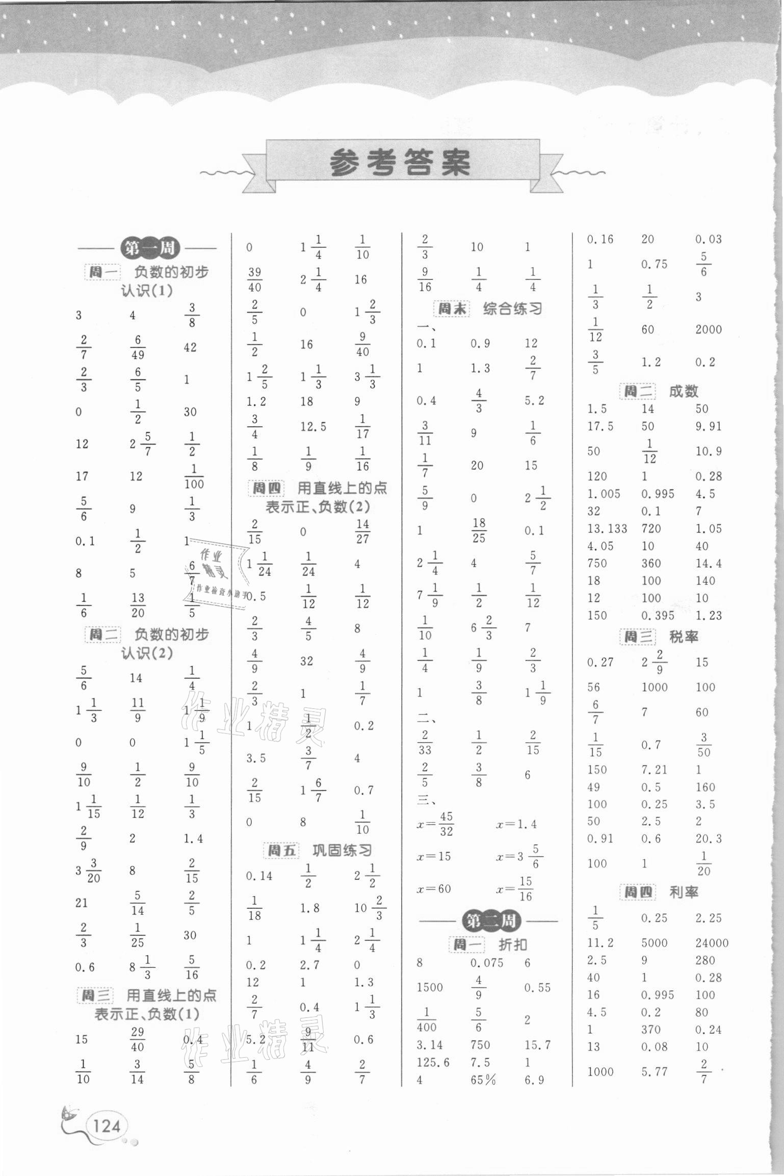 2021年黃岡口算天天練六年級數(shù)學(xué)下冊人教版 參考答案第1頁