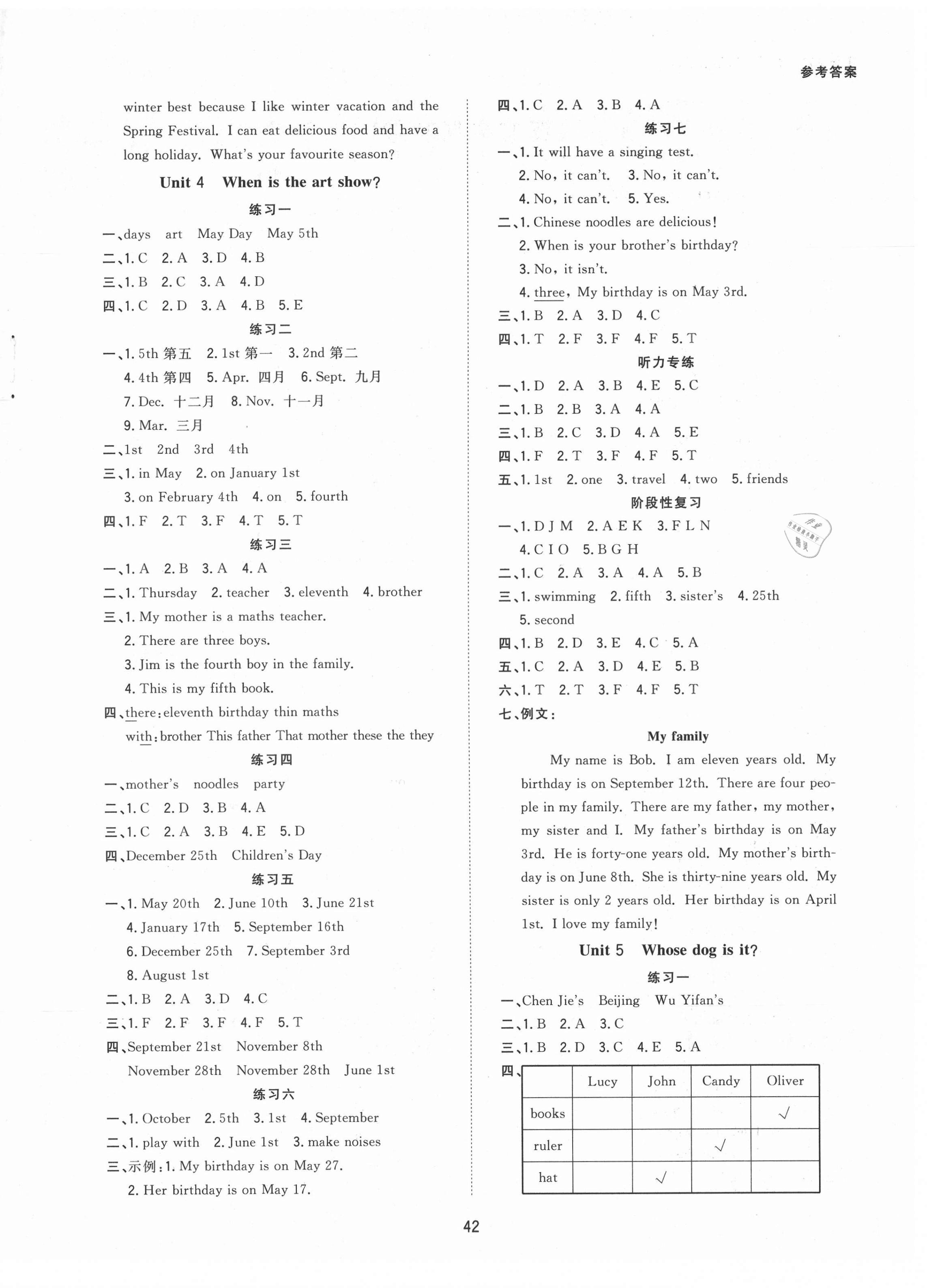 2021年高分突破123随堂练五年级英语下册人教版&nbsp;参考答案第4页