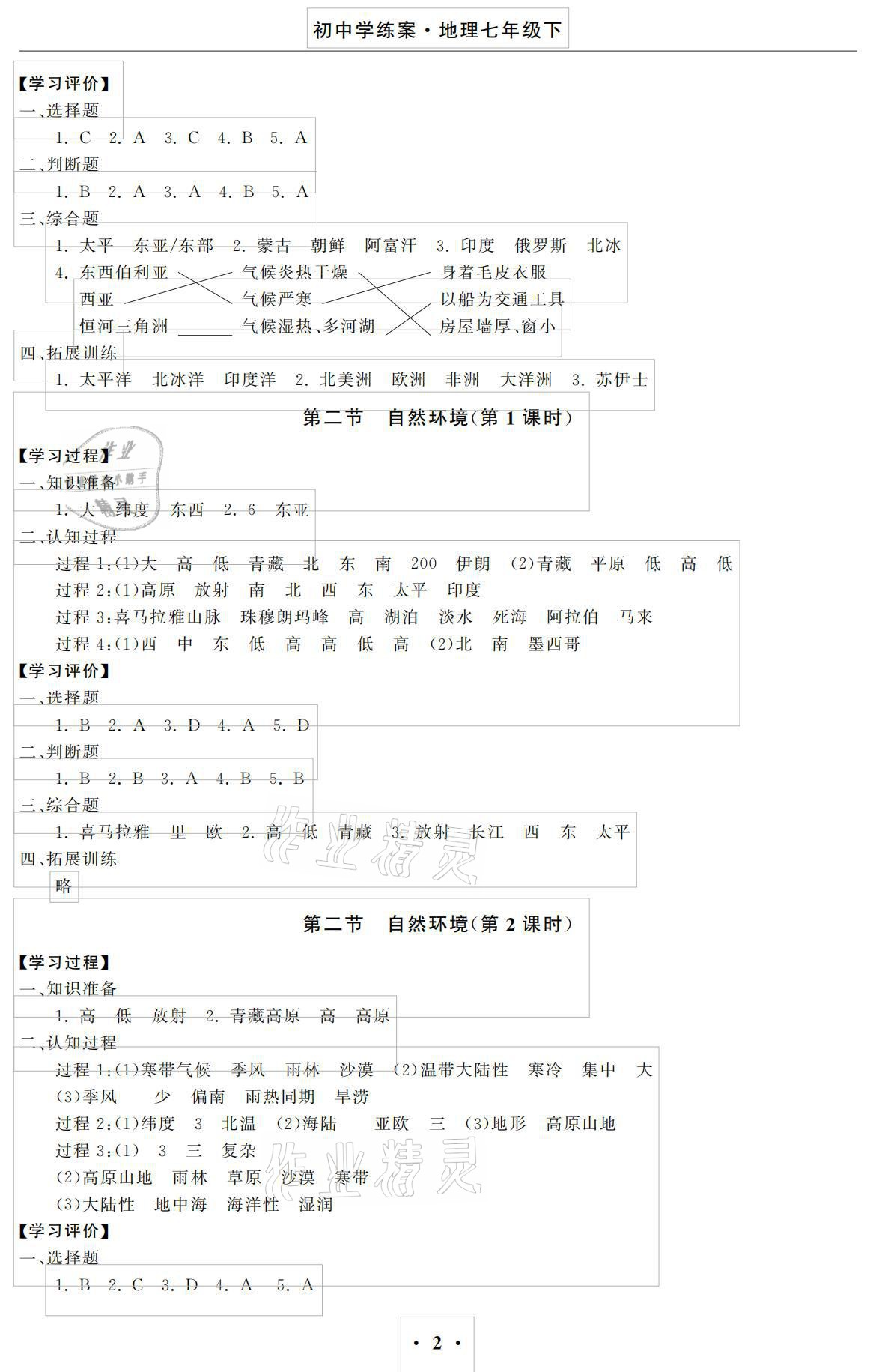 2021年初中學(xué)練案七年級地理下冊人教版 參考答案第2頁