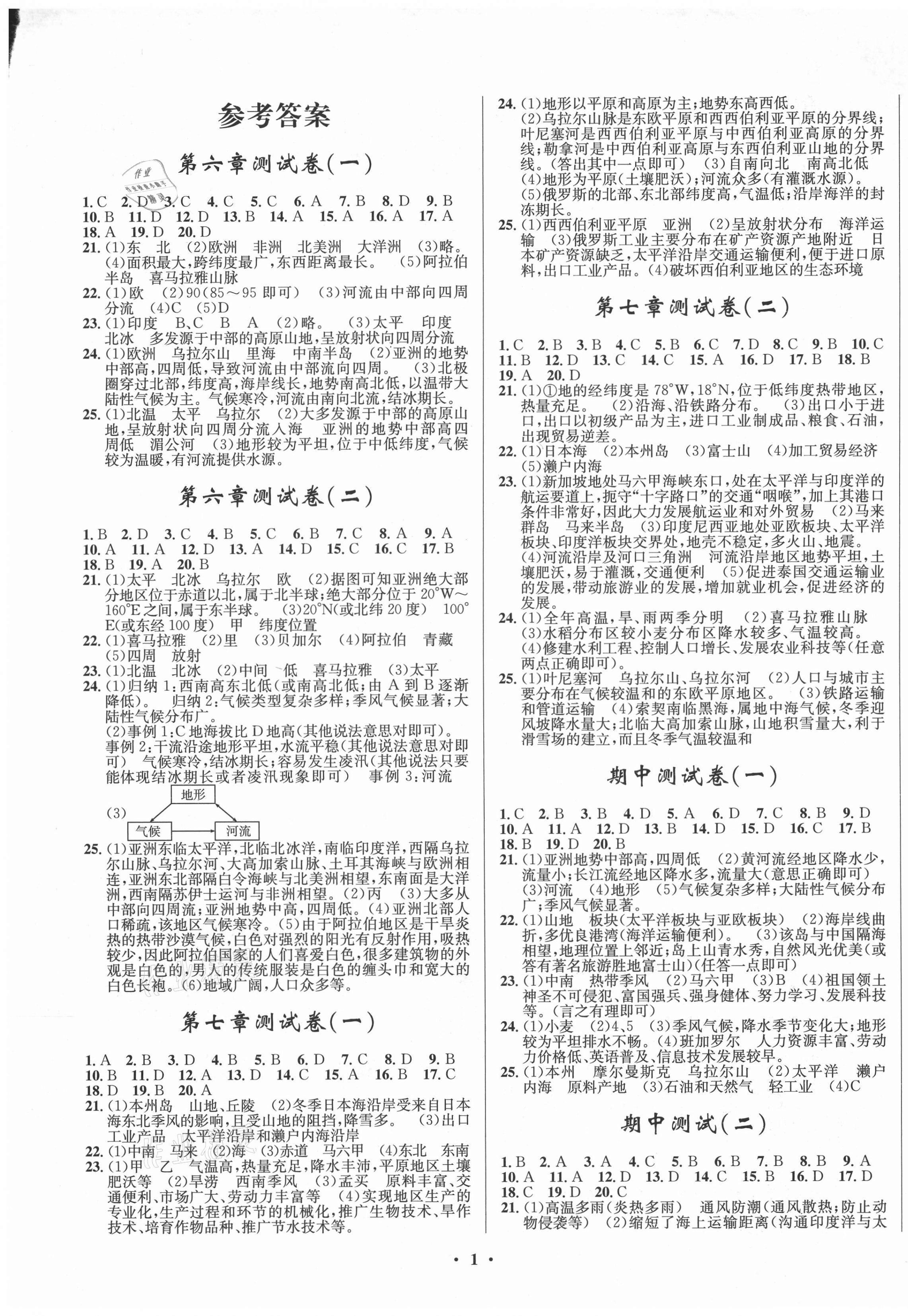 2021年初中同步測控全優(yōu)設(shè)計一卷好題七年級地理下冊人教版 第1頁