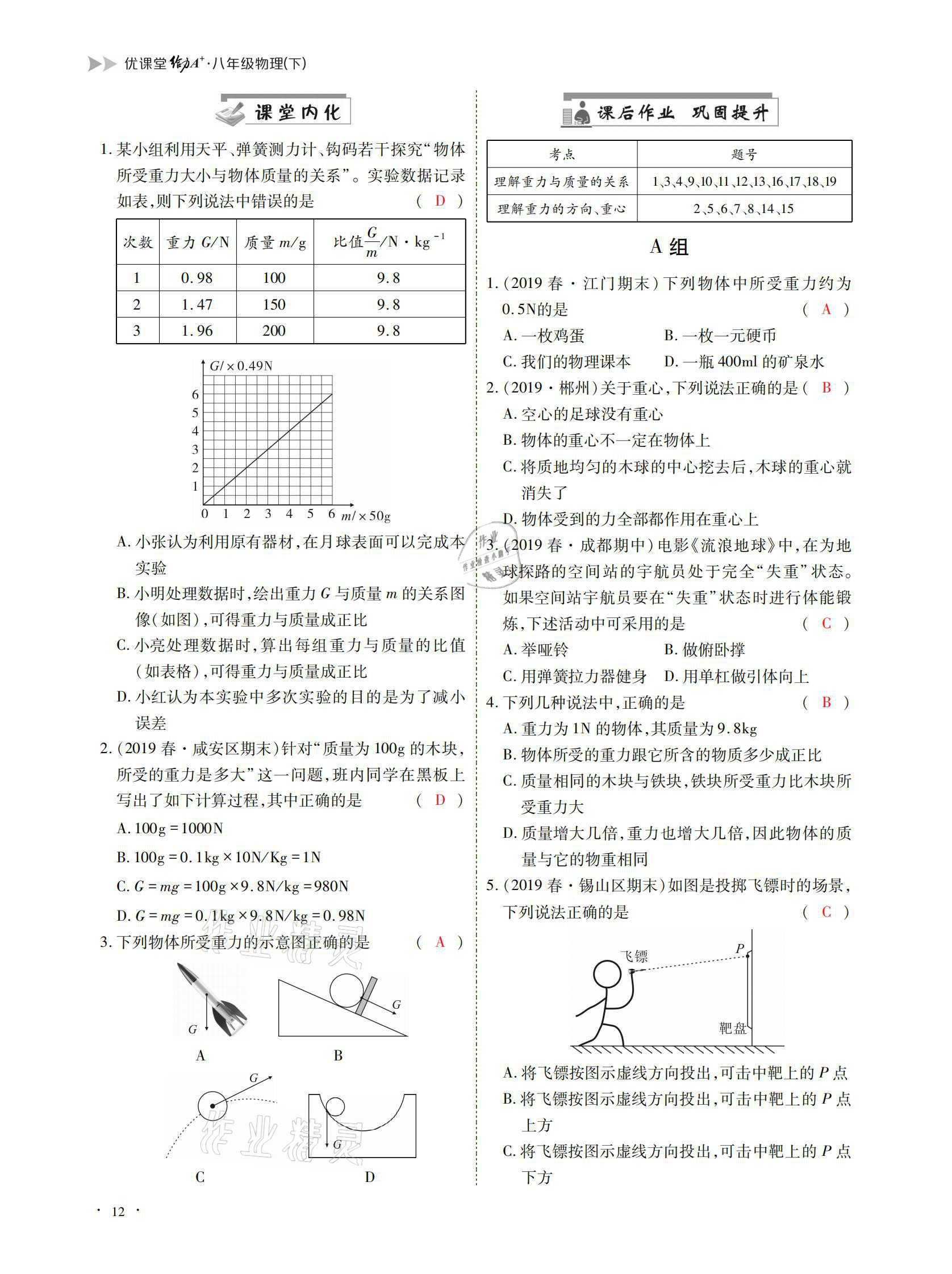 2021年优课堂给力A加八年级物理下册教科版 参考答案第12页