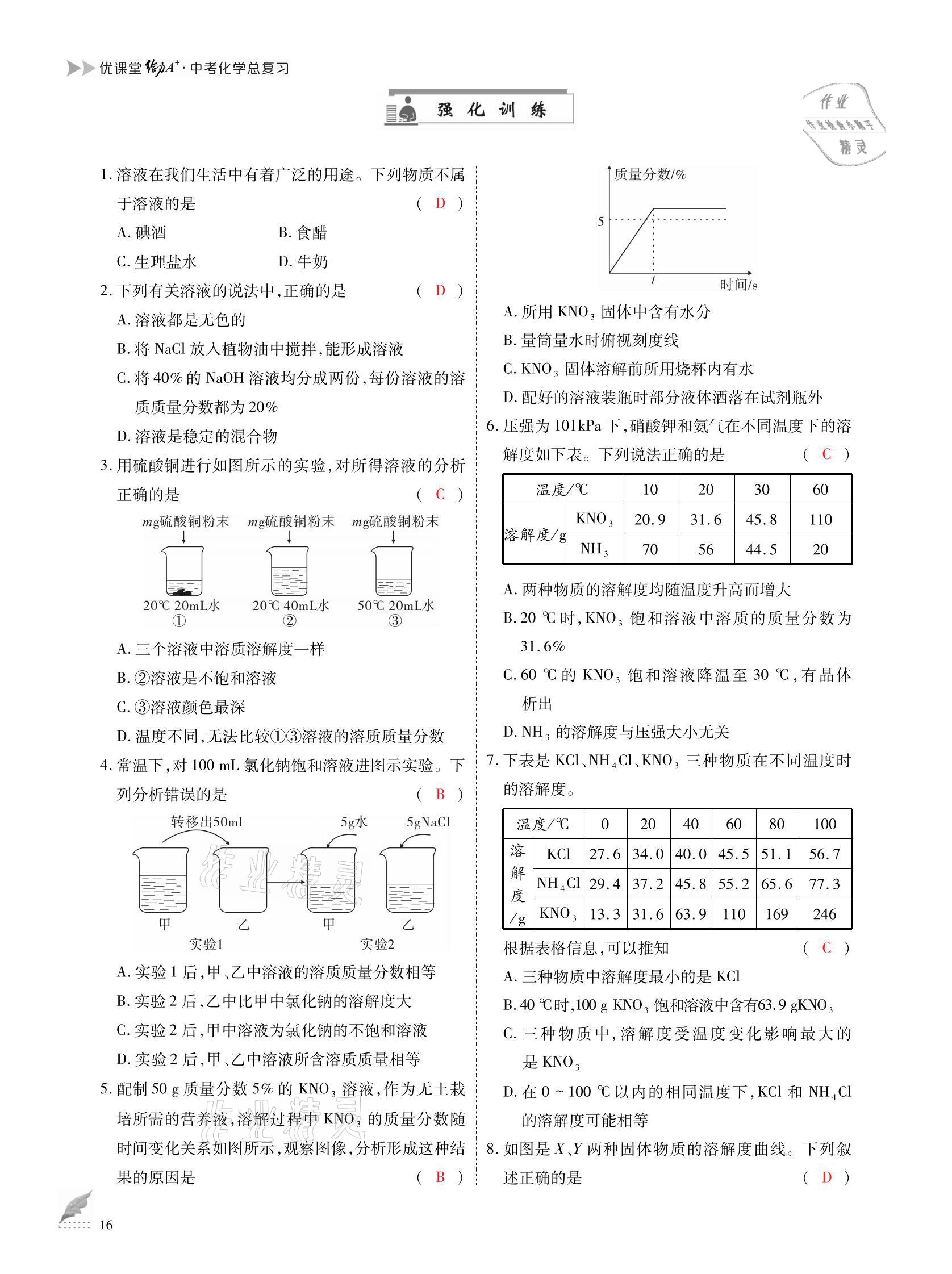 2021年优课堂给力A加中考化学总复习 参考答案第16页