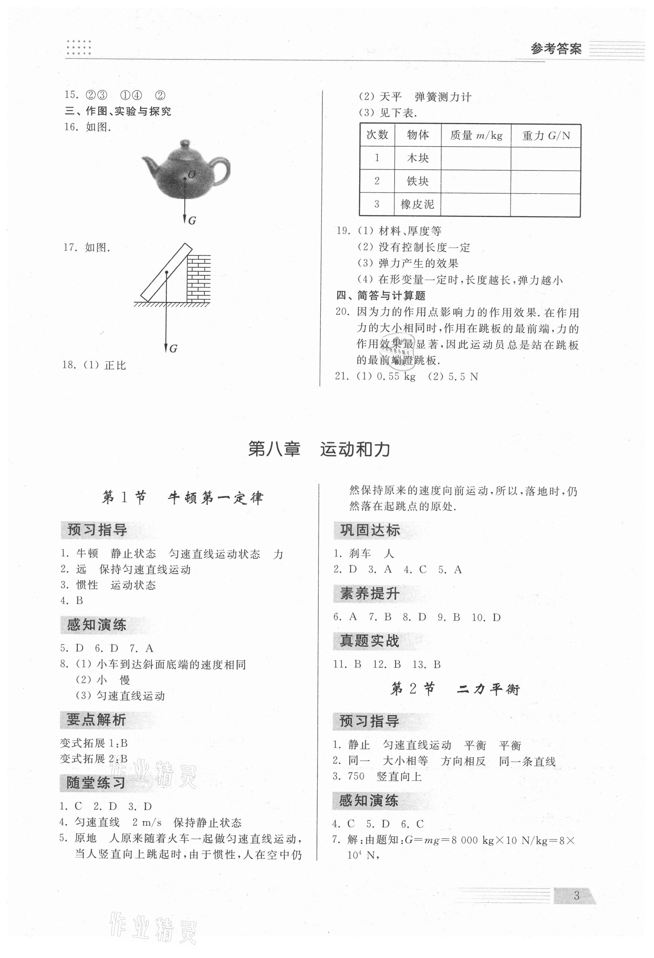 2021年導(dǎo)學(xué)與檢測(cè)八年級(jí)物理下冊(cè)人教版 參考答案第3頁(yè)