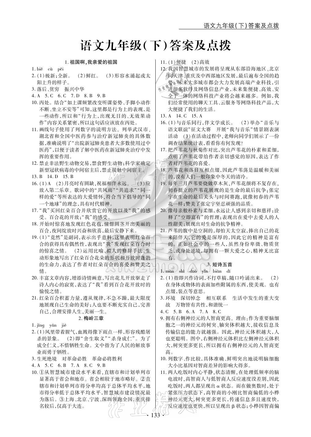 2021年新支點(diǎn)卓越課堂九年級(jí)語文下冊(cè)人教版 參考答案第1頁