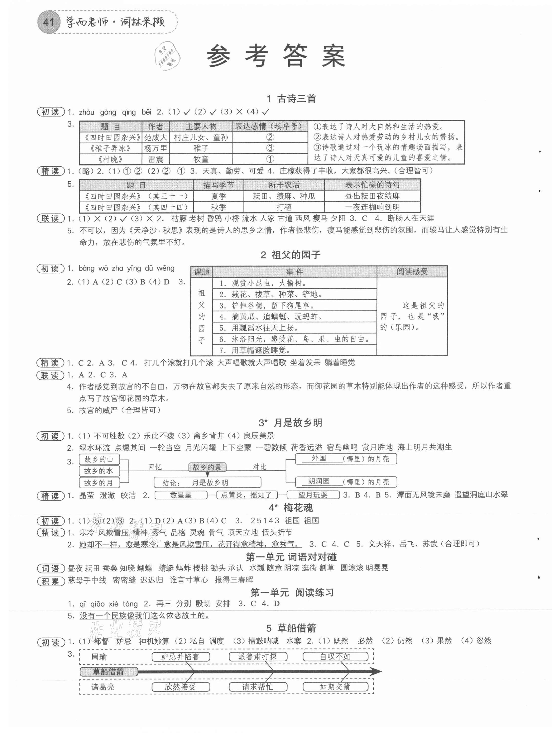 2021年學而老師詞林采擷五年級語文下冊人教版浙江專版 參考答案第1頁