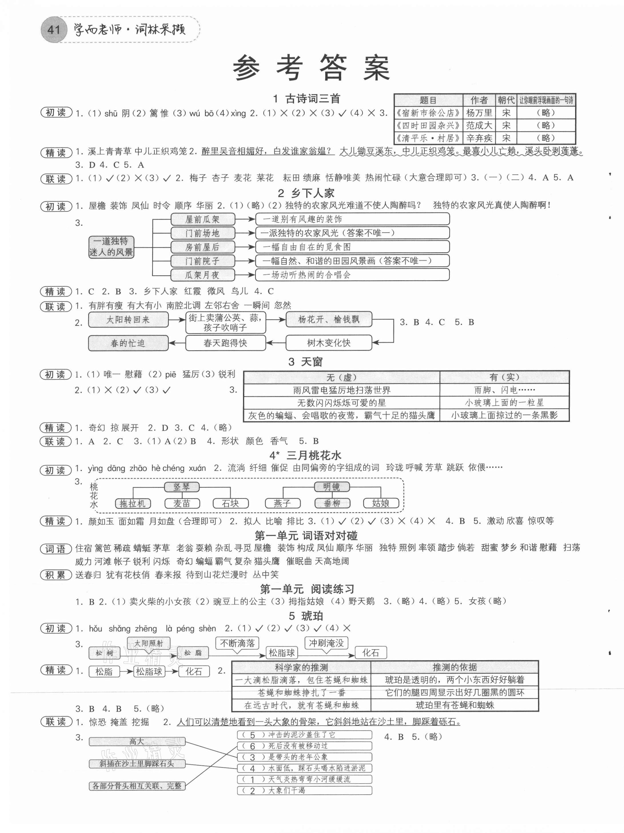 2021年學(xué)而老師詞林采擷四年級(jí)語文下冊(cè)人教版浙江專版 參考答案第1頁