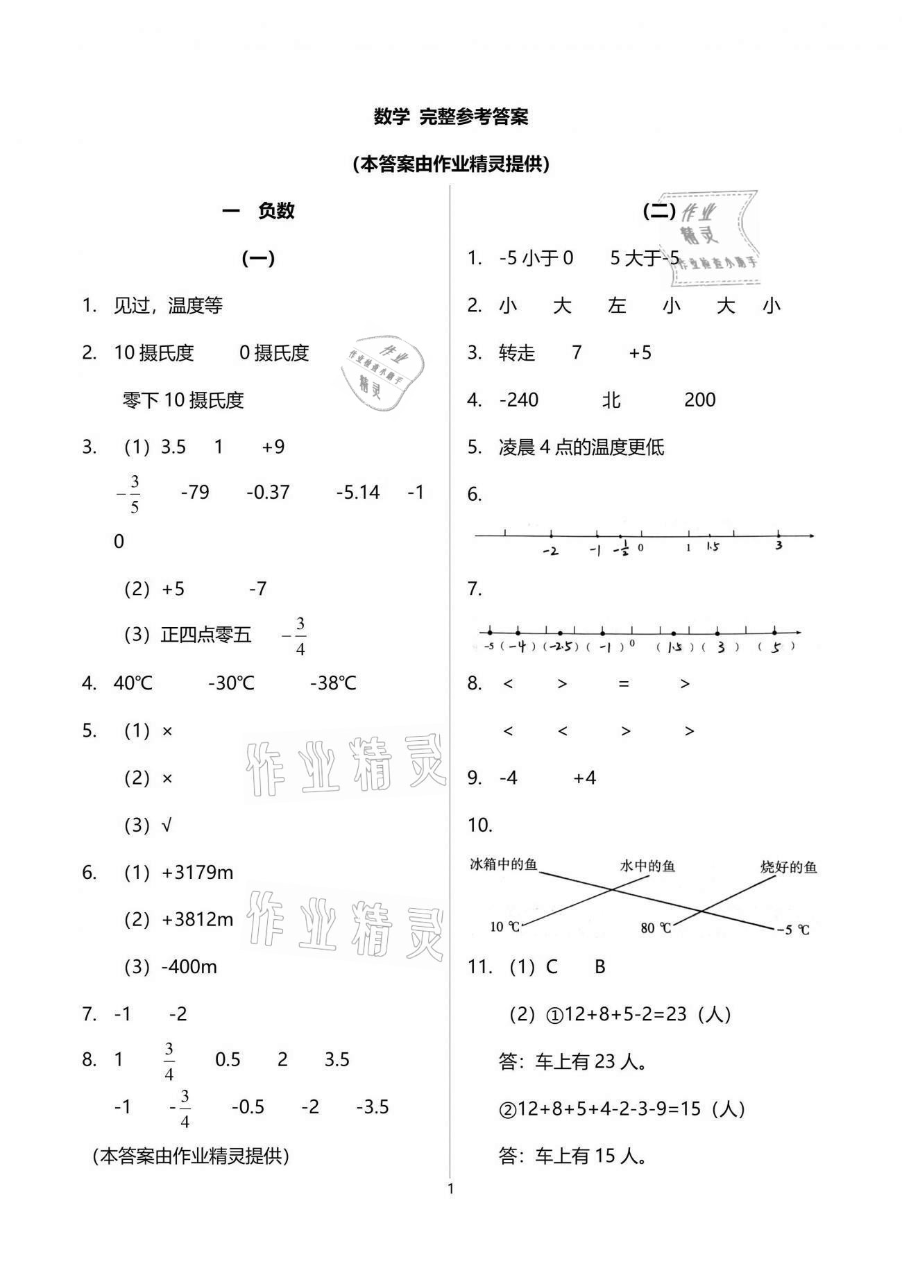 2021年同步实践评价课程基础训练六年级数学下册人教版 参考答案第1页