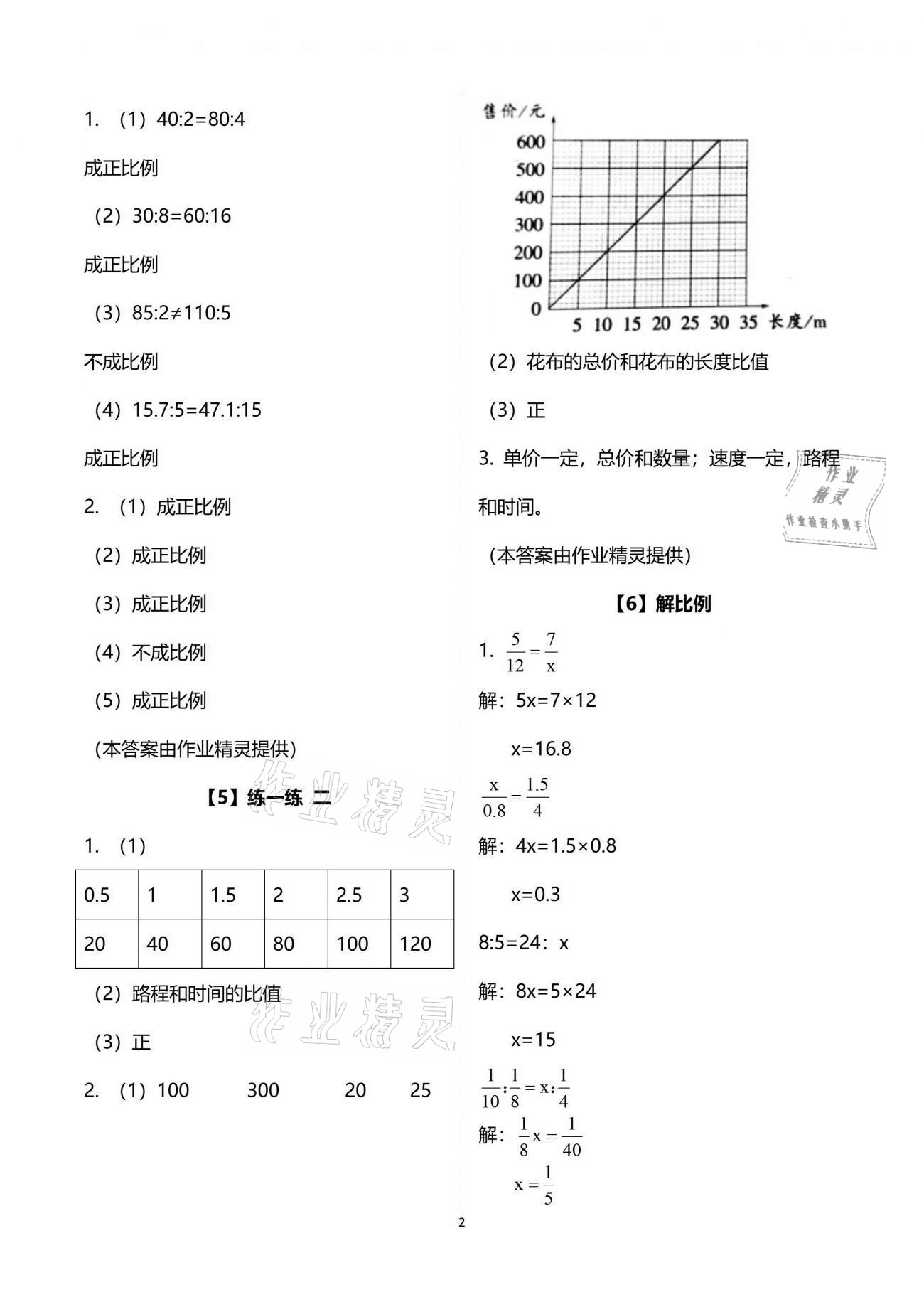 2021年数学作业本六年级下册浙教版浙江教育出版社 参考答案第2页