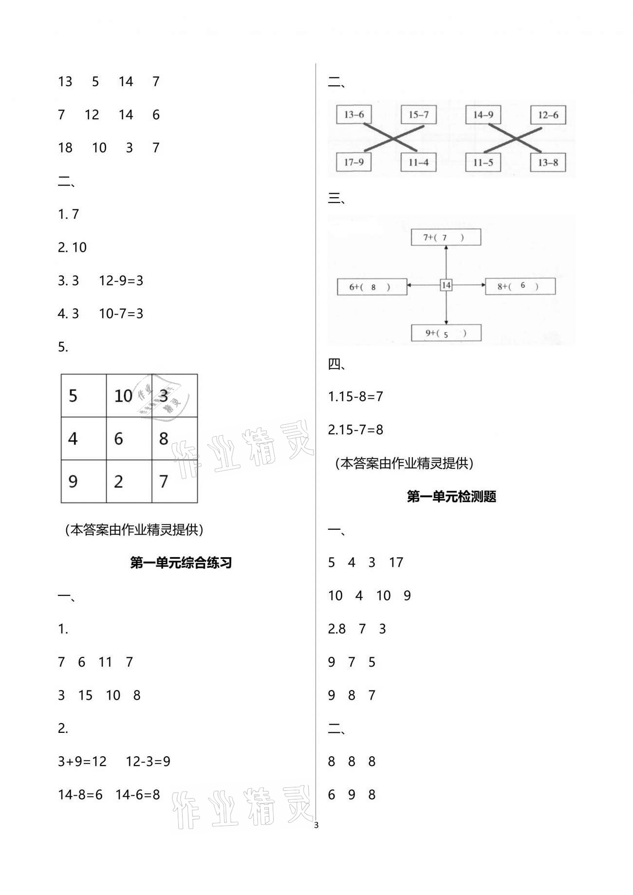 2021年新课程课堂同步练习册一年级数学下册苏教版 参考答案第3页