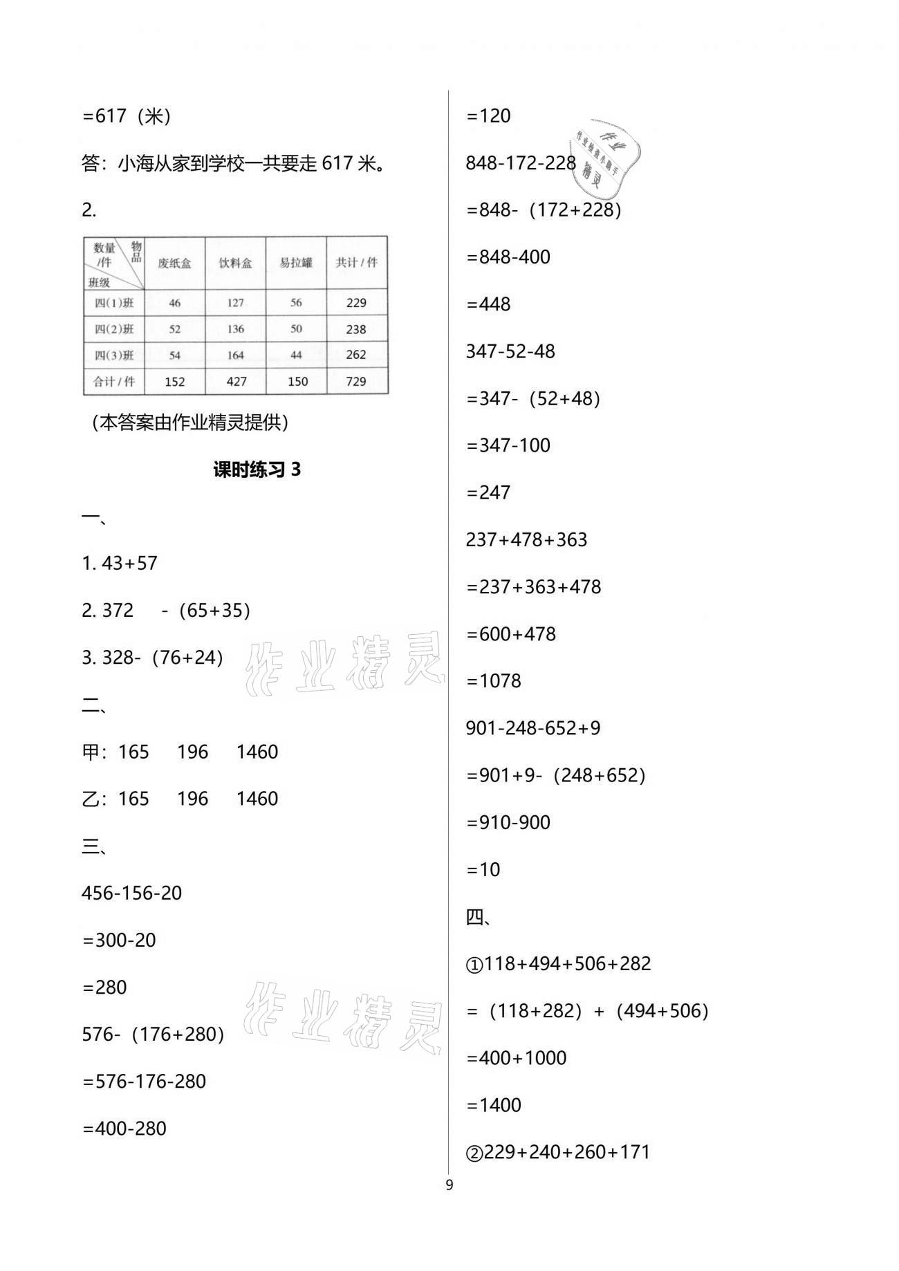 2021年新課程課堂同步練習(xí)冊(cè)四年級(jí)數(shù)學(xué)下冊(cè)人教版 參考答案第9頁(yè)