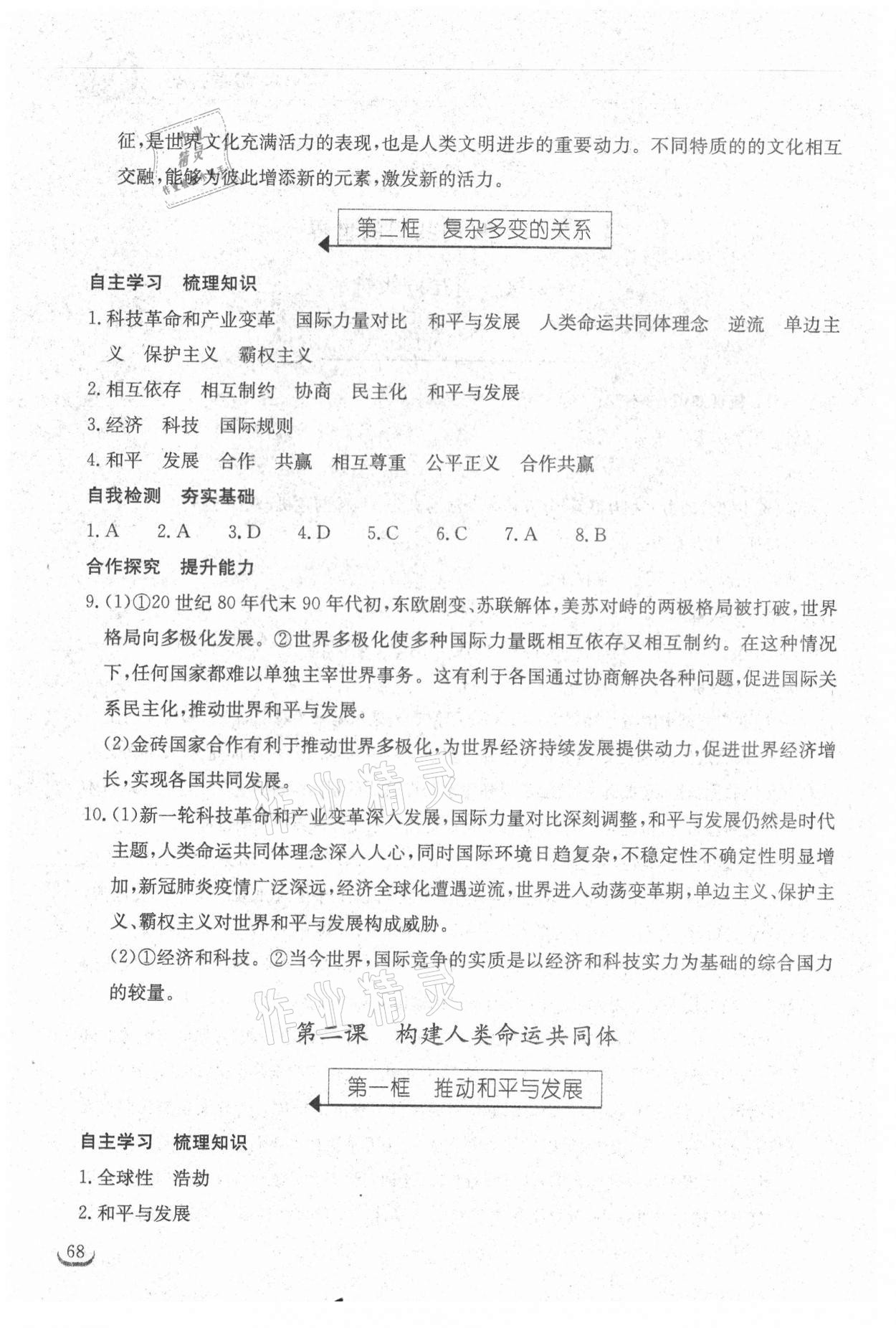 2021年长江作业本同步练习册九年级道德与法治下册人教版 参考答案第2页