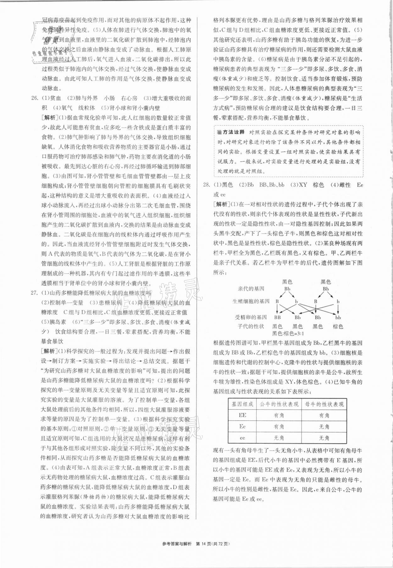 2021年春雨教育考必胜湖南省中考试卷精选生物 参考答案第14页