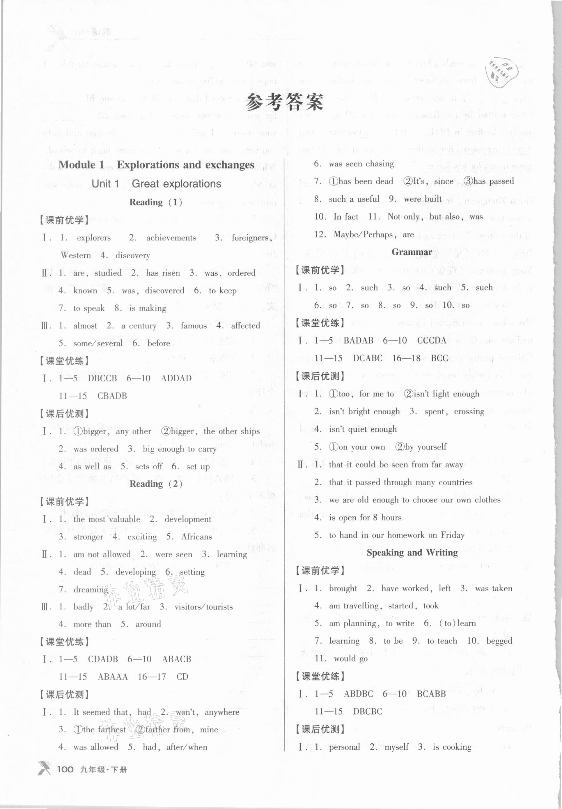 2021年全優(yōu)點(diǎn)練課計(jì)劃九年級(jí)英語下冊(cè)滬教牛津版 參考答案第1頁