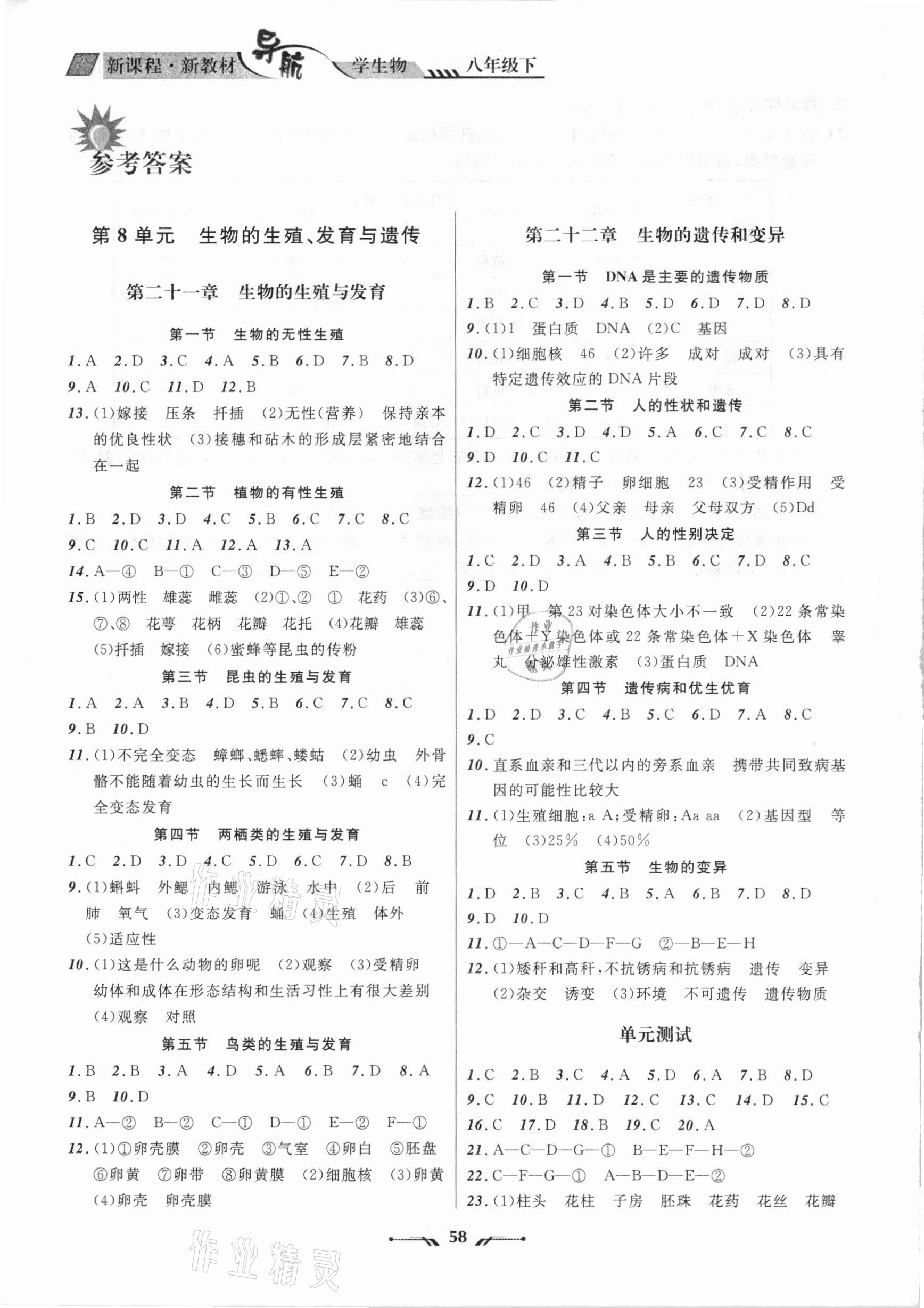 2021年新課程新教材導(dǎo)航學(xué)八年級(jí)生物下冊(cè)蘇教版 參考答案第1頁