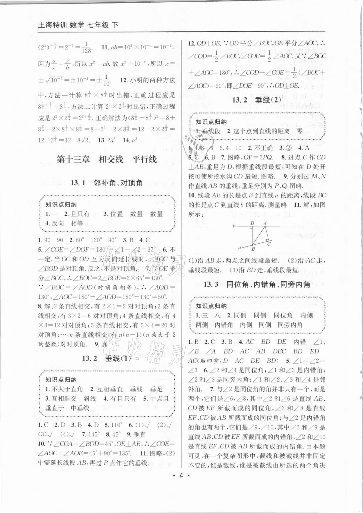 2021年上海特训七年级数学下册沪教版54制 参考答案第4页