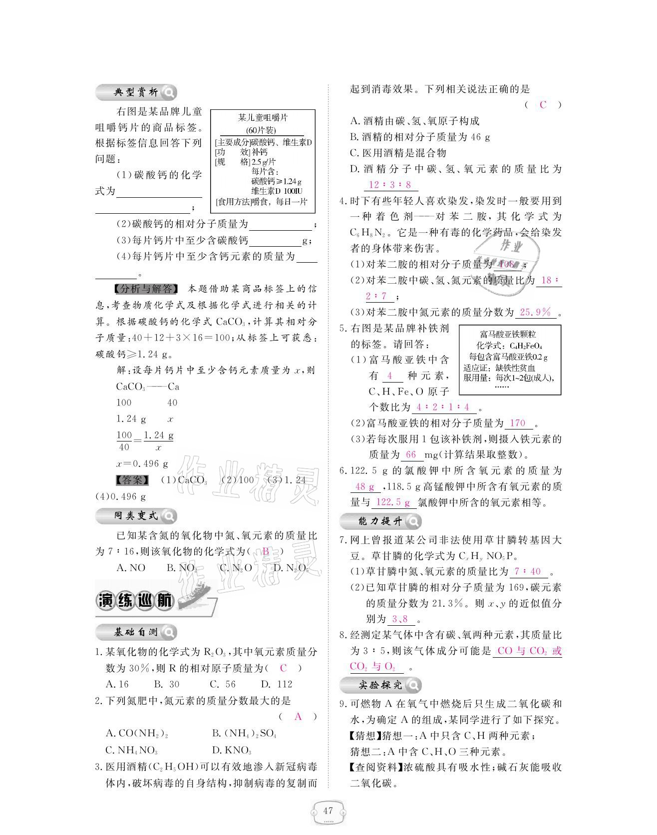 2021年領航新課標練習冊九年級化學全一冊人教版 參考答案第47頁