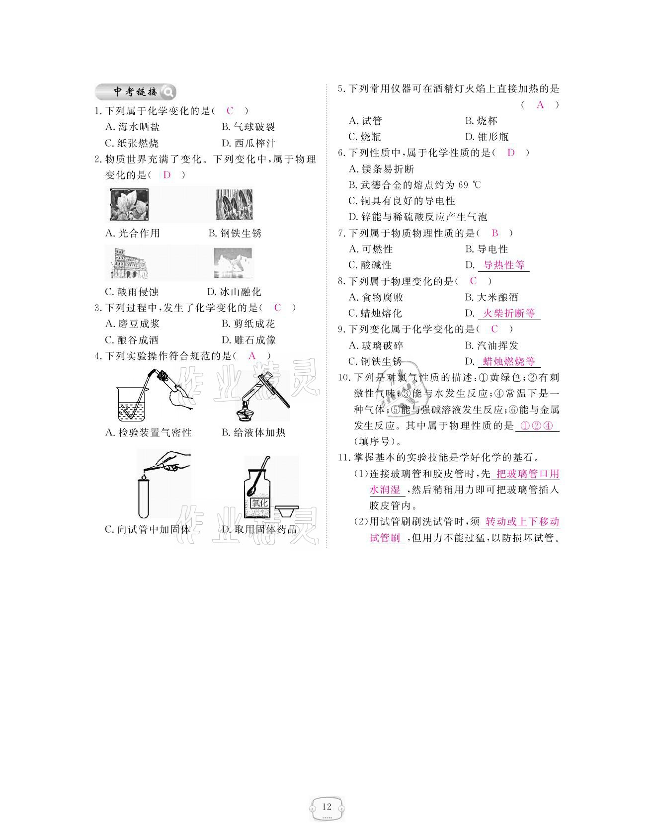 2021年領(lǐng)航新課標(biāo)練習(xí)冊(cè)九年級(jí)化學(xué)全一冊(cè)人教版 參考答案第12頁(yè)