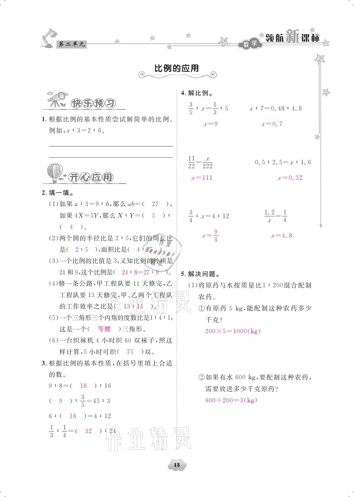 2021年領(lǐng)航新課標練習冊六年級數(shù)學下冊北師大版 參考答案第13頁