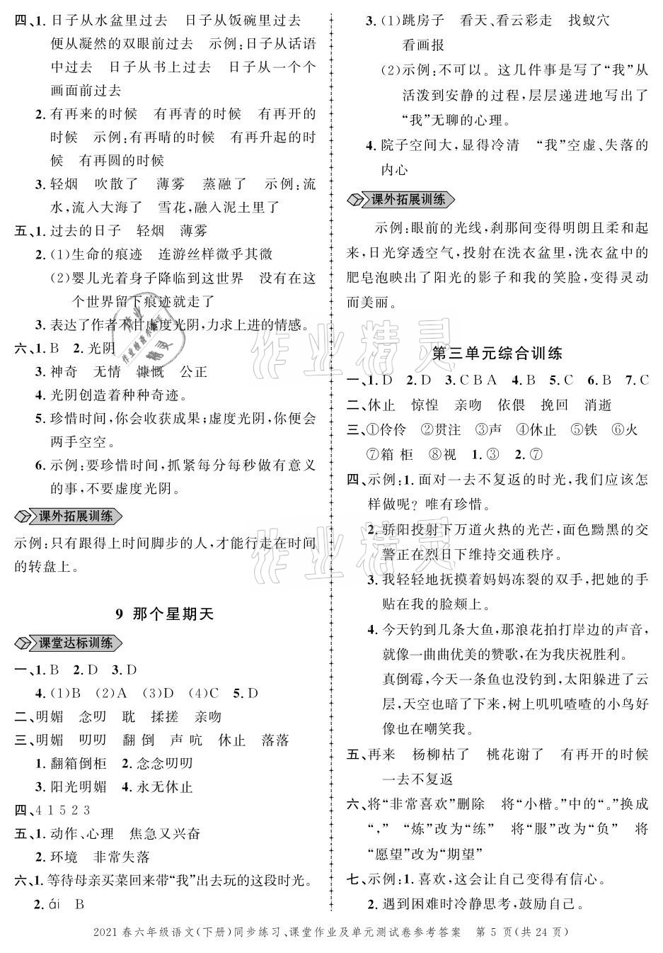 2021年创新作业同步练习六年级语文下册人教版 参考答案第5页