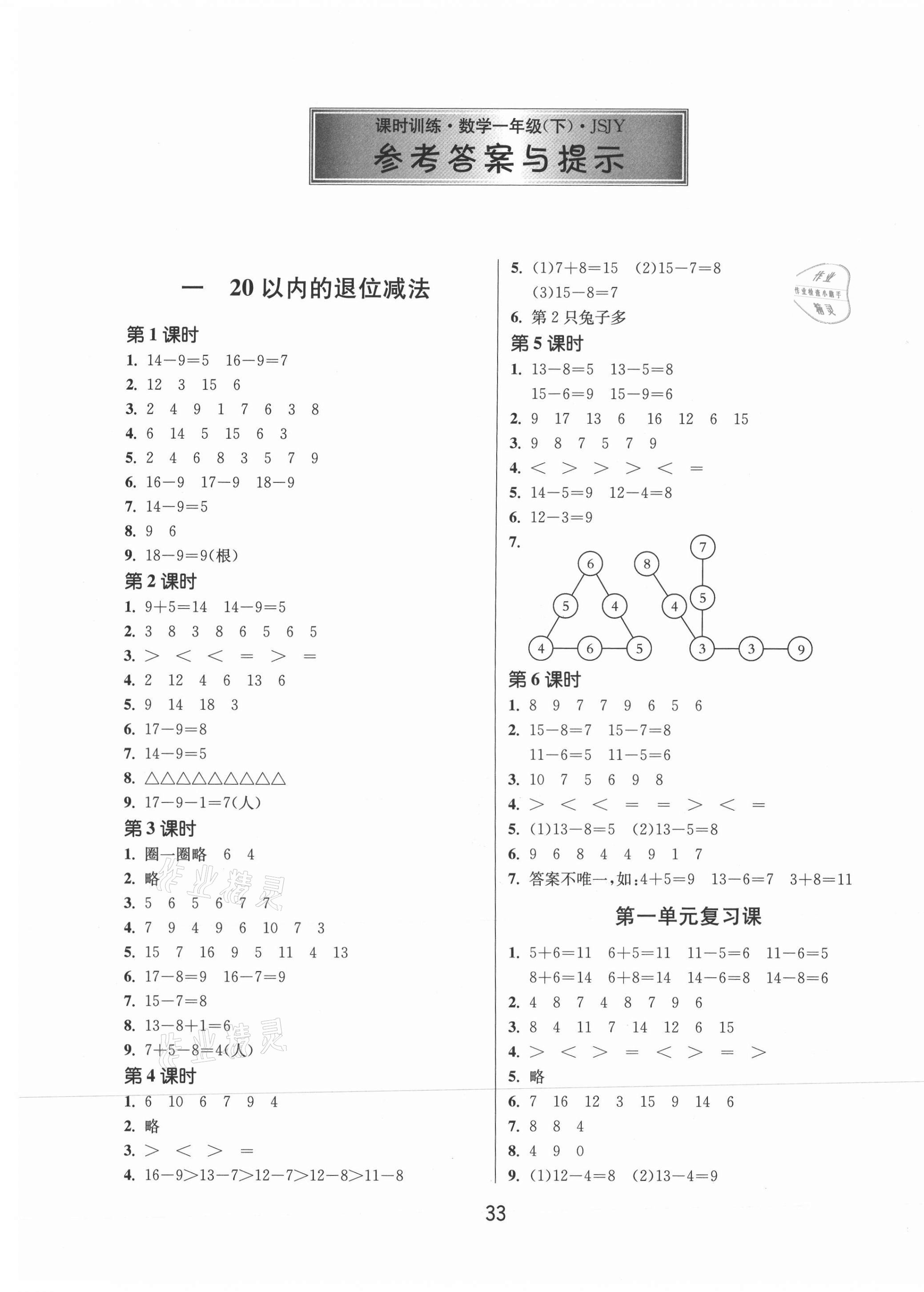 2021年課時訓練一年級數(shù)學下冊蘇教版江蘇人民出版社 第1頁