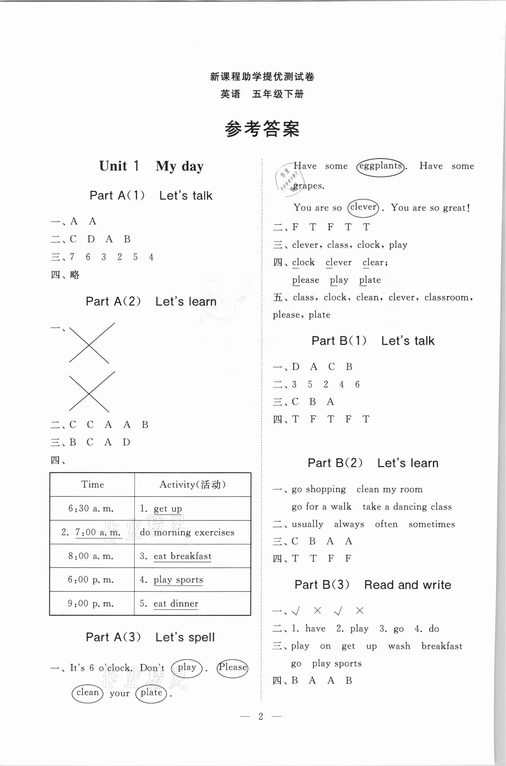 2021年小學同步練習冊提優(yōu)測試卷五年級英語下冊人教版 參考答案第1頁