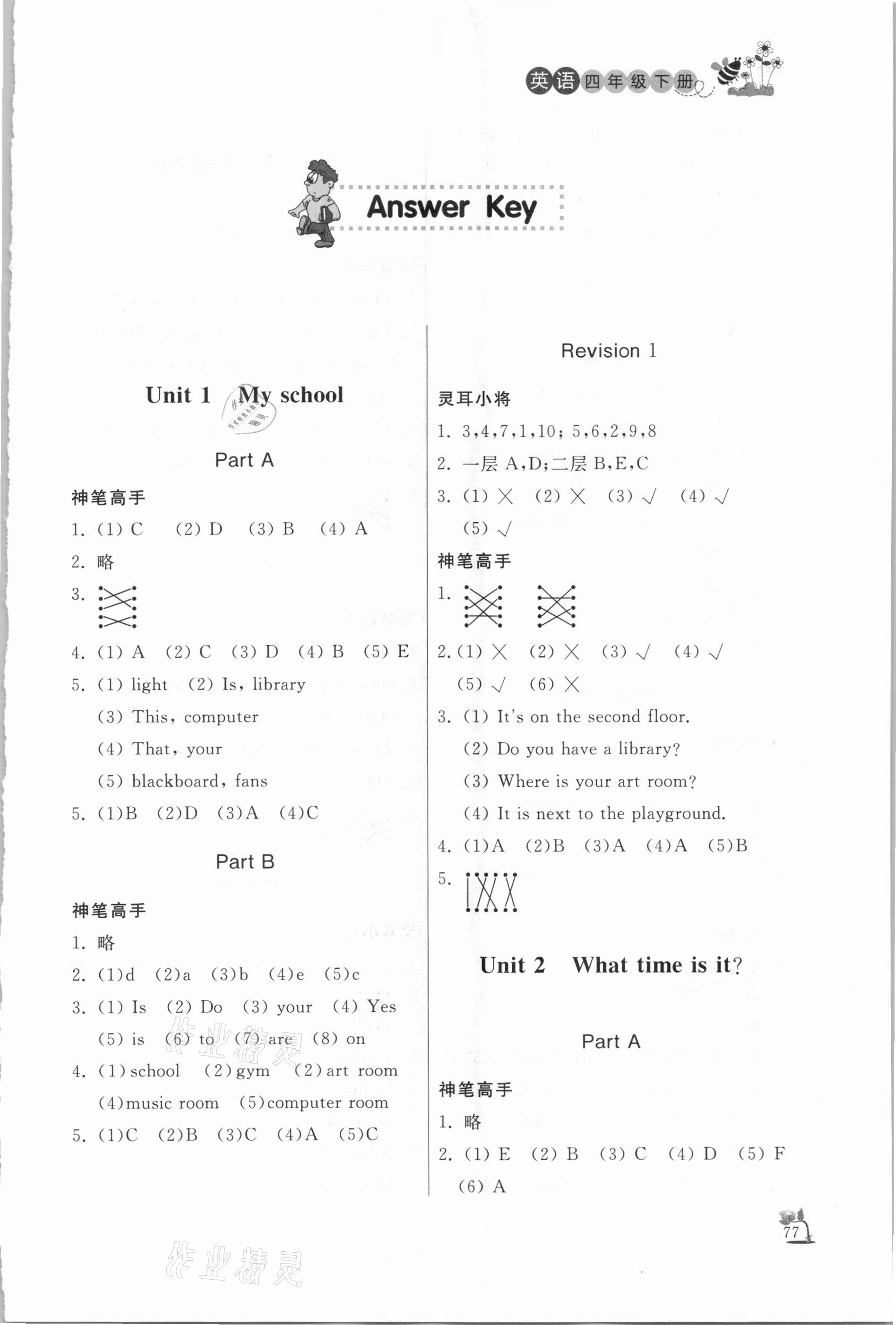 2021年小學(xué)課外作業(yè)四年級英語下冊人教版 參考答案第1頁