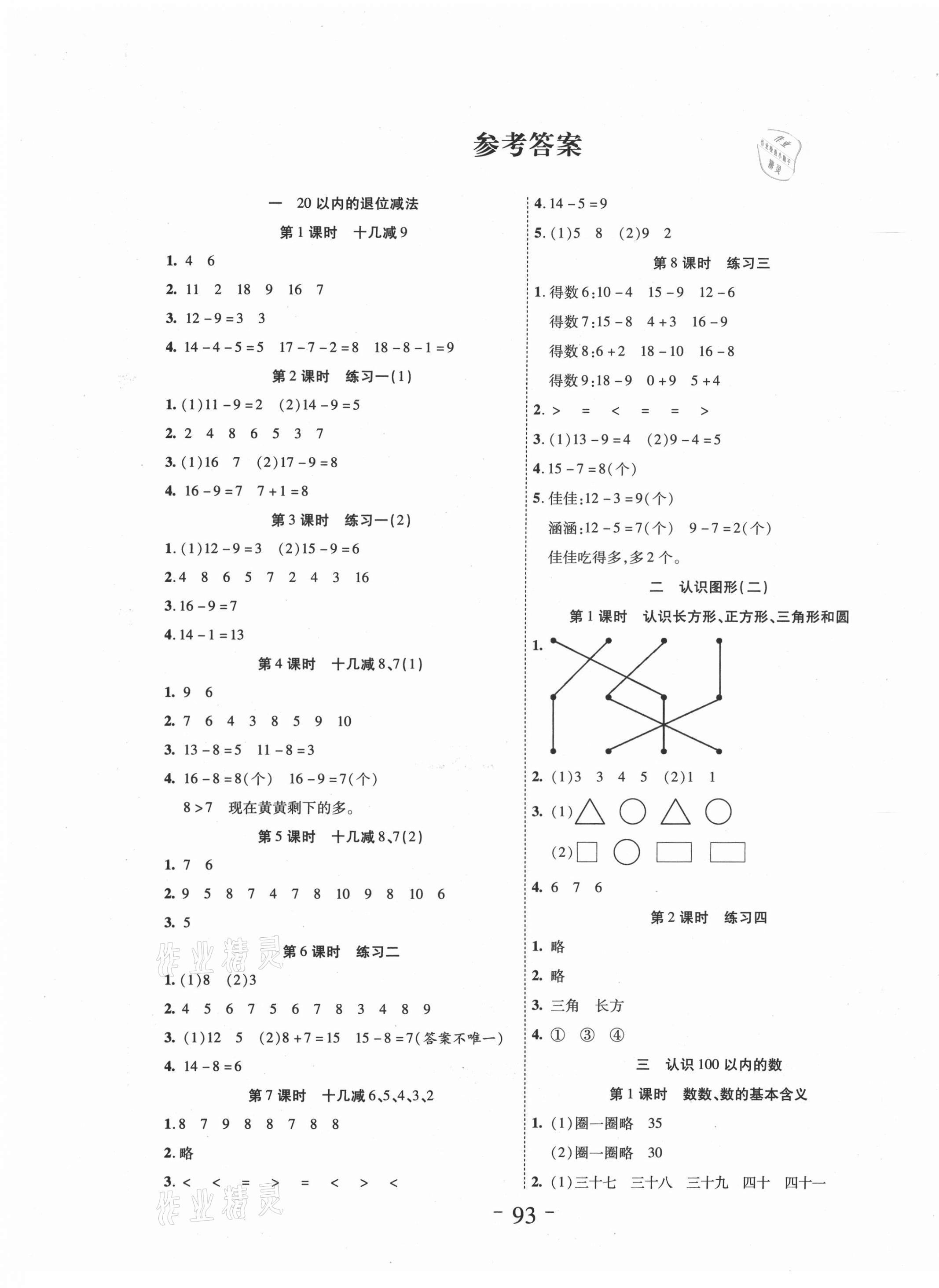 2021年小狀元隨堂作業(yè)一年級數(shù)學下冊蘇教版 第1頁