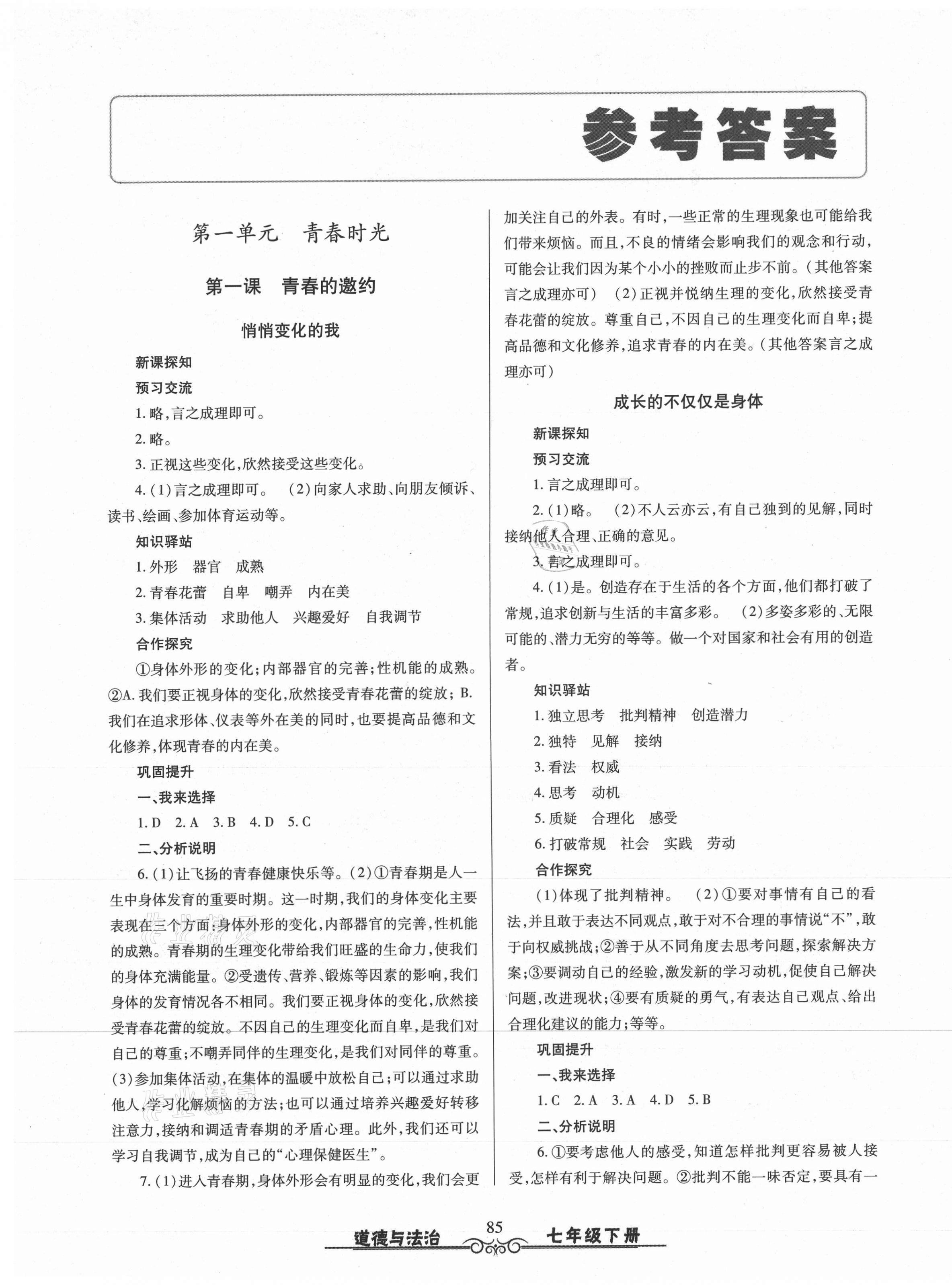 2021年智慧學(xué)習(xí)七年級(jí)道德與法治下冊(cè)人教版明天出版社 第1頁(yè)