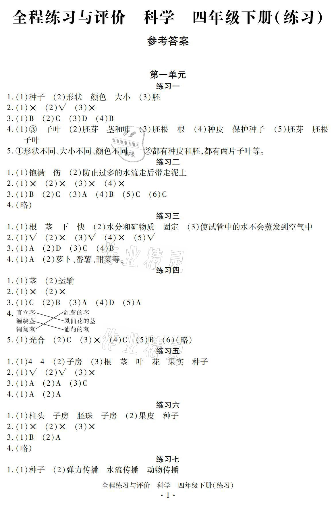 2021年全程练习与评价四年级科学下册教科版 参考答案第1页