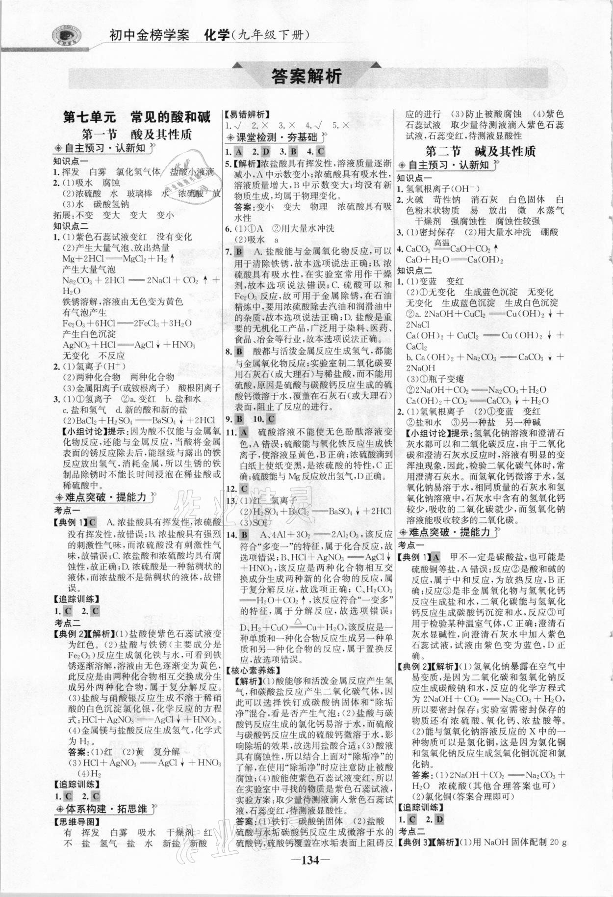 2021年世紀金榜金榜學案九年級化學下冊魯教版 參考答案第1頁