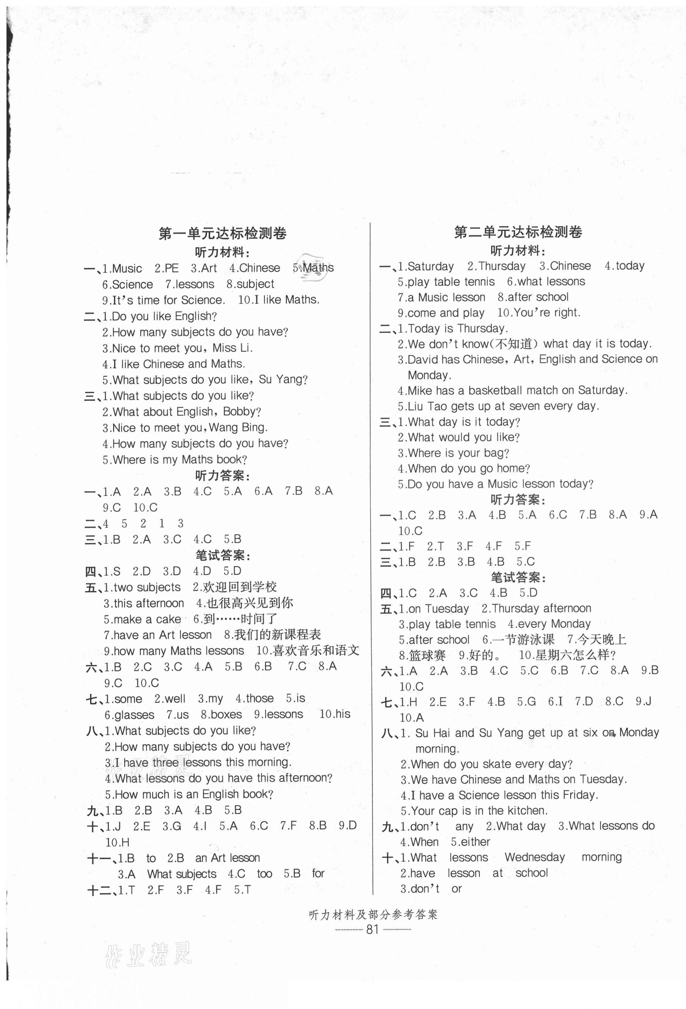 2021年小學(xué)生百分易卷四年級(jí)英語(yǔ)下冊(cè)譯林版 參考答案第1頁(yè)