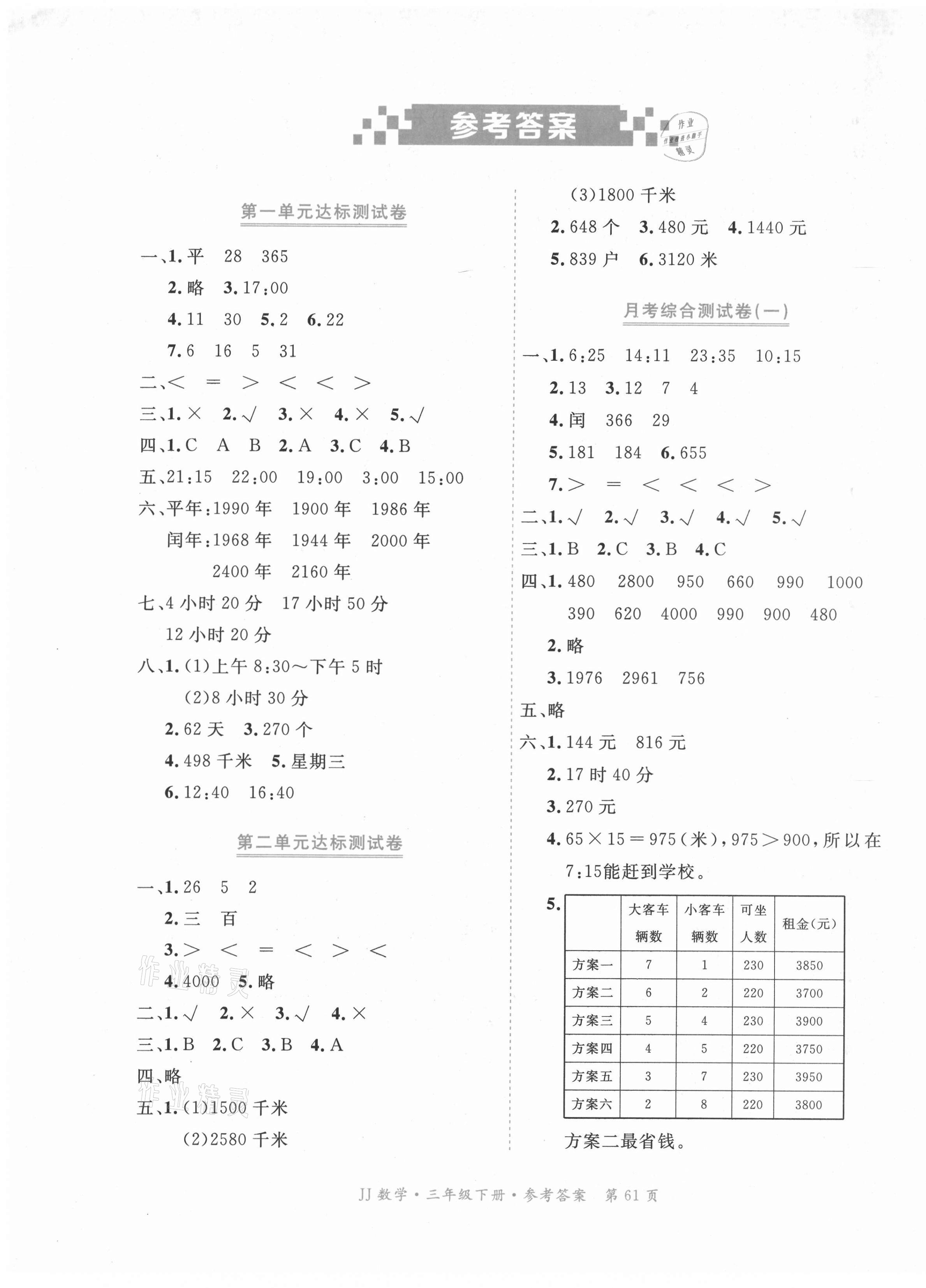 2021年贏在100三年級數學下冊冀教版河北專用 參考答案第1頁