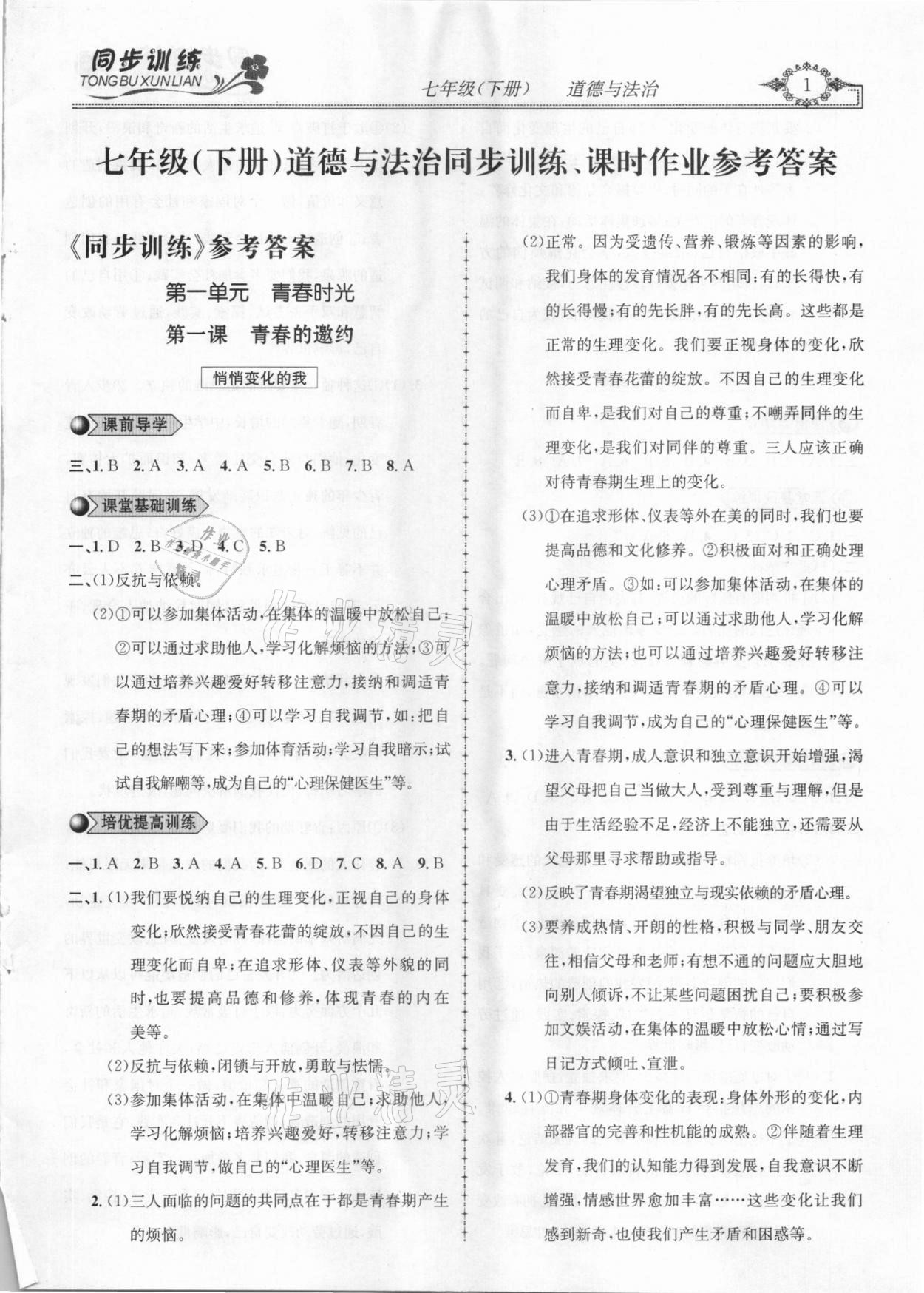 2021年同步訓練創(chuàng)新作業(yè)七年級道德與法治下冊人教版 第1頁