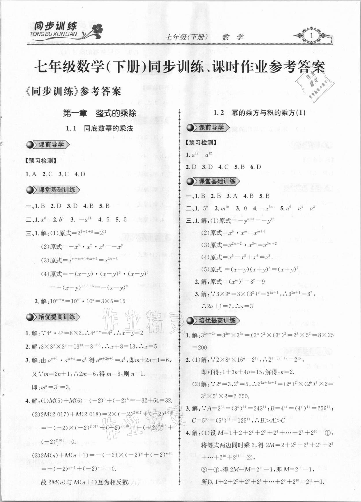 2021年同步訓(xùn)練創(chuàng)新作業(yè)七年級(jí)數(shù)學(xué)下冊(cè)北師大版 第1頁(yè)