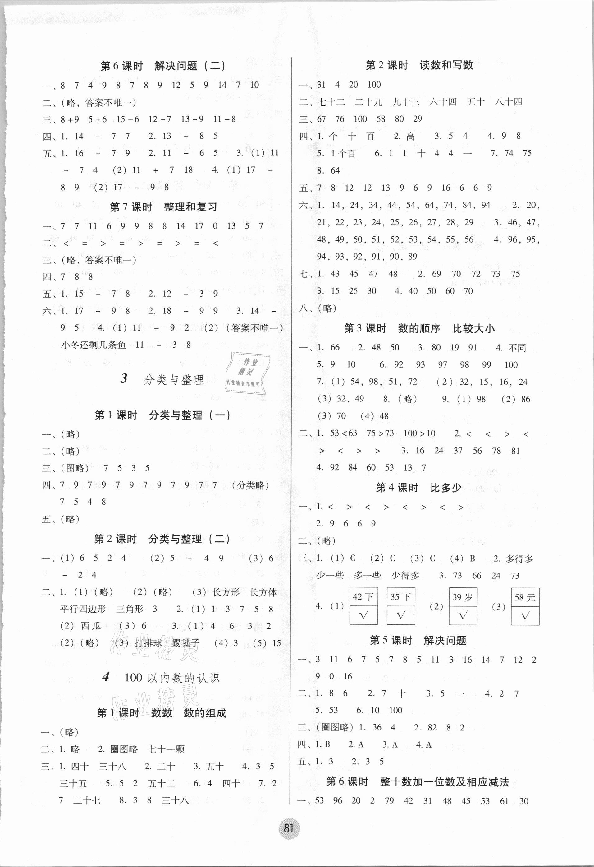 2021年课课练云南师大附小全优作业一年级数学下册人教版 参考答案第2页