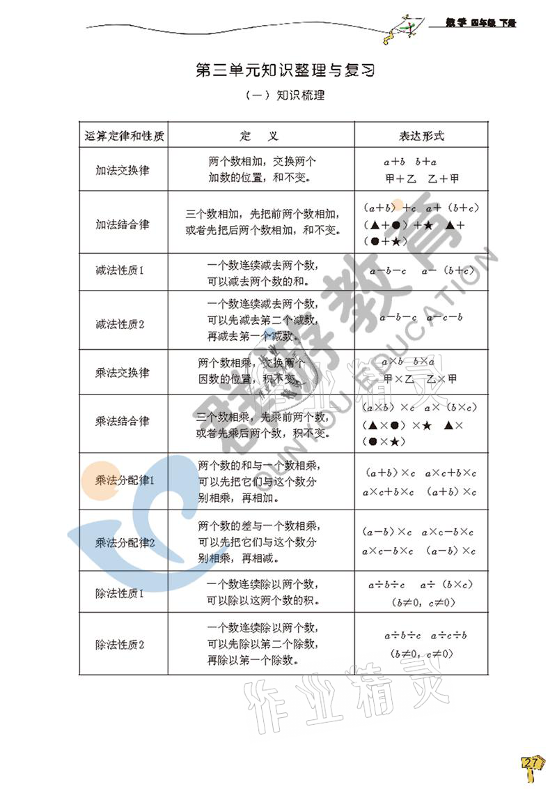 2021年雙全學(xué)業(yè)堂四年級(jí)數(shù)學(xué)下冊(cè)人教版 參考答案第27頁(yè)