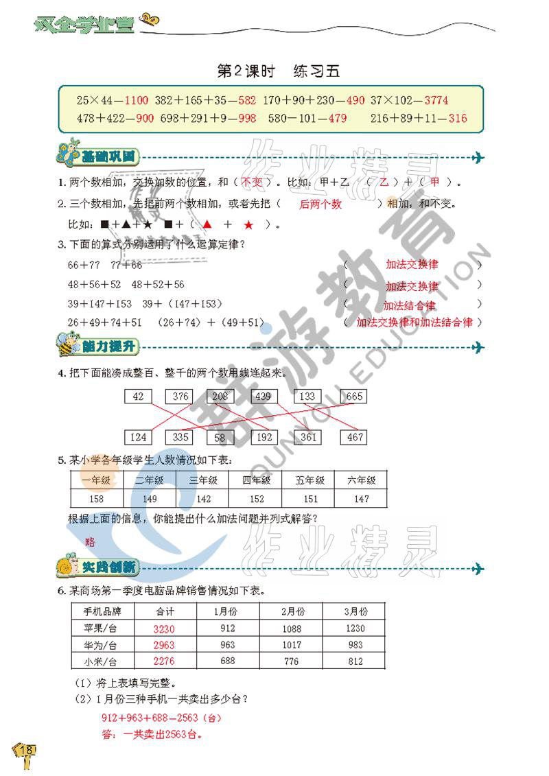 2021年雙全學業(yè)堂四年級數(shù)學下冊人教版 參考答案第18頁