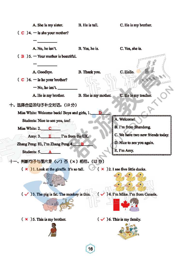 2021年双全学业堂三年级英语下册人教版&nbsp;参考答案第16页