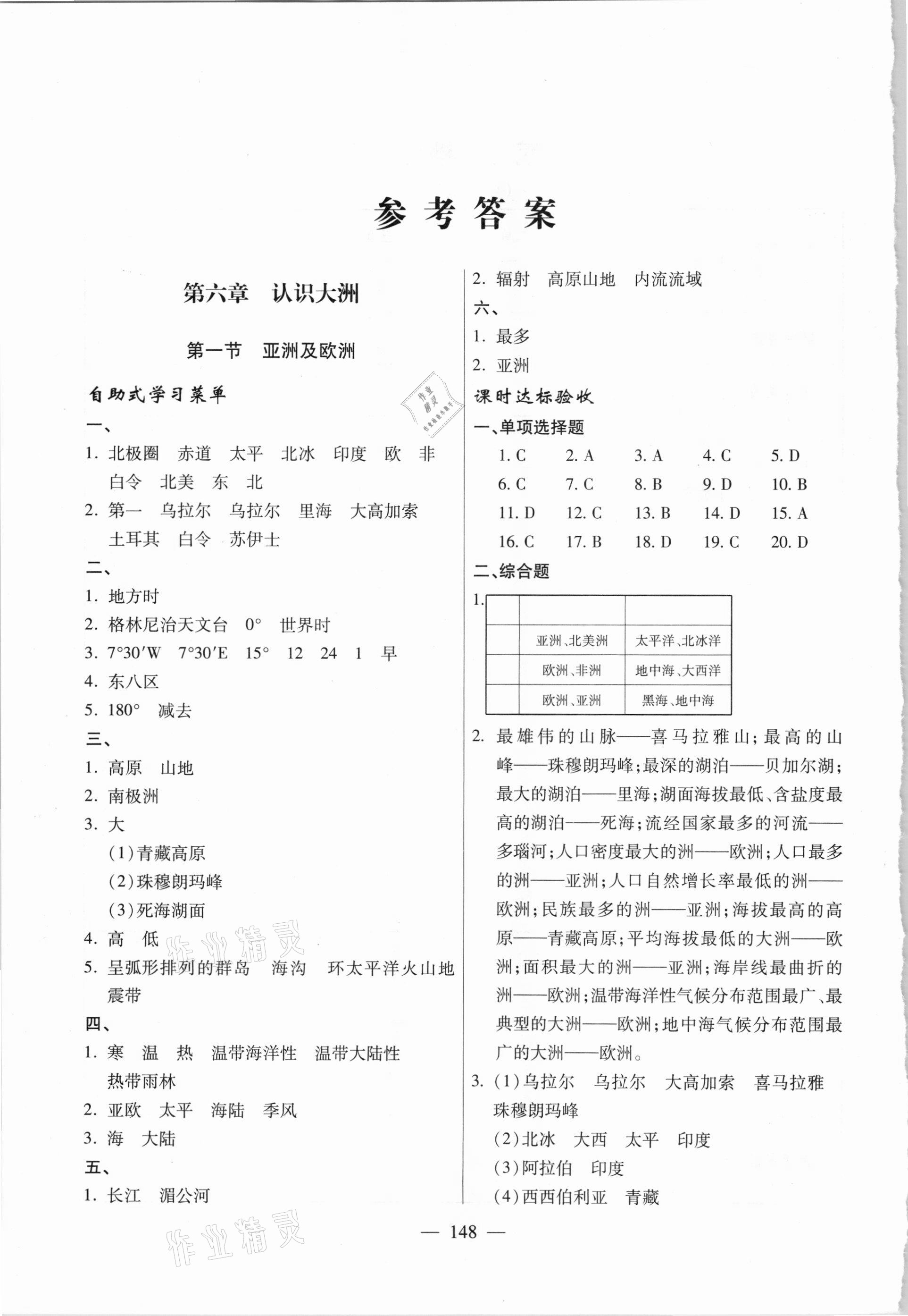 2021年新課堂學習與探究七年級地理下學期湘教版 參考答案第1頁