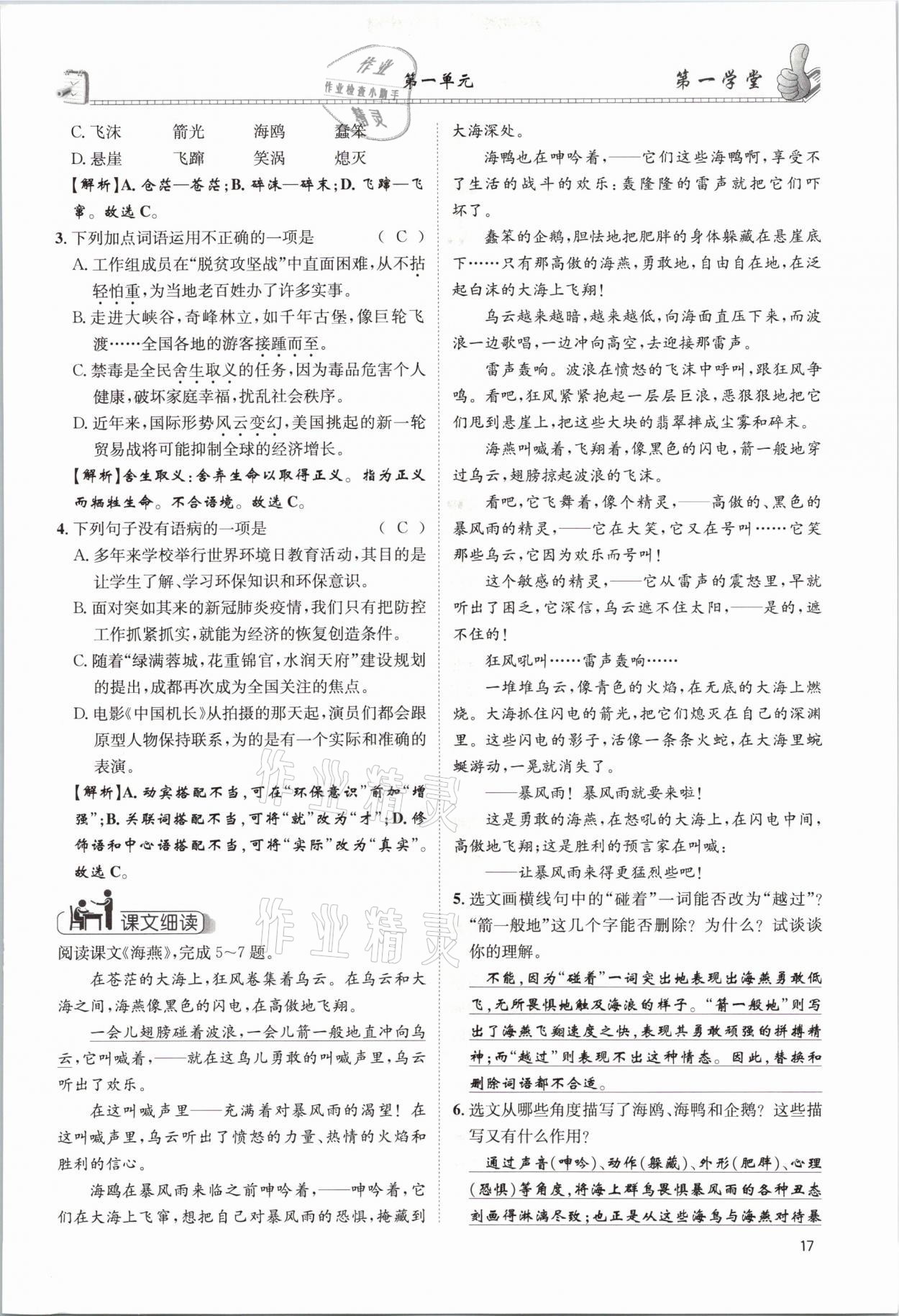 2021年第一學堂九年級語文下冊人教版 參考答案第17頁