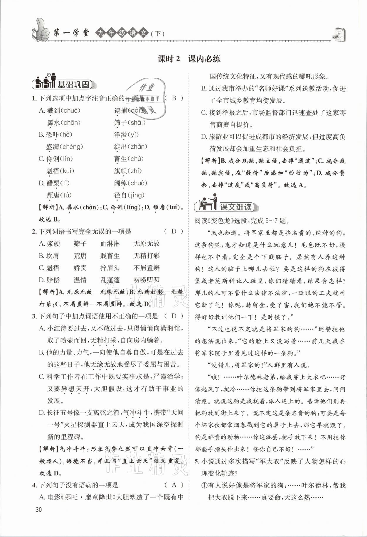 2021年第一學堂九年級語文下冊人教版 參考答案第30頁