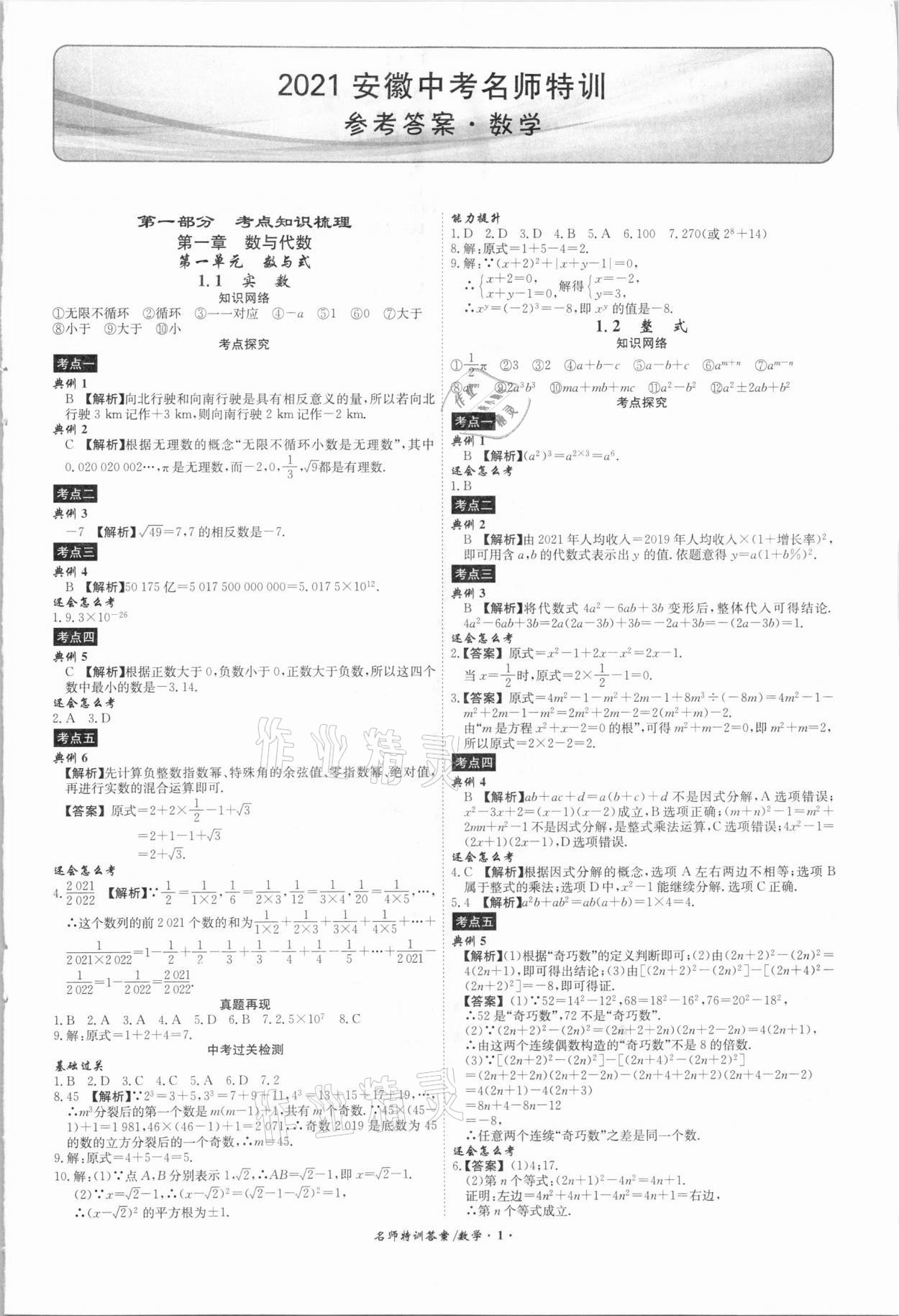 2021年名師特訓初中畢業(yè)班總復習數(shù)學安徽專版 第1頁